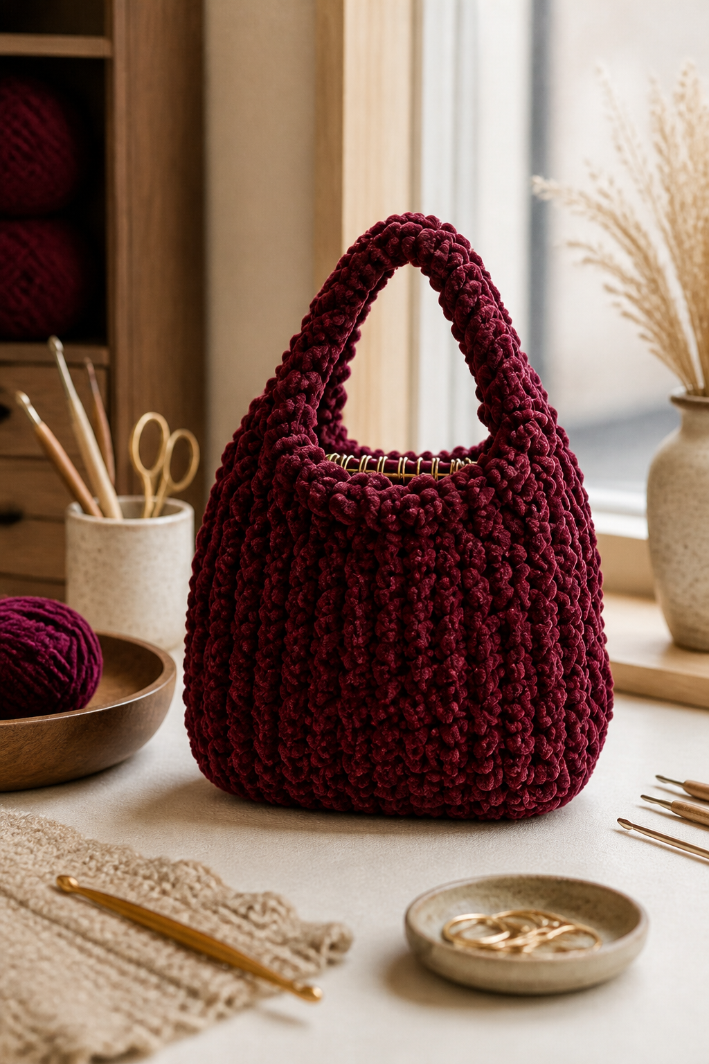 crochet burgundy fuzzy bag ideas: chunky top-handle bag in an original editorial composition