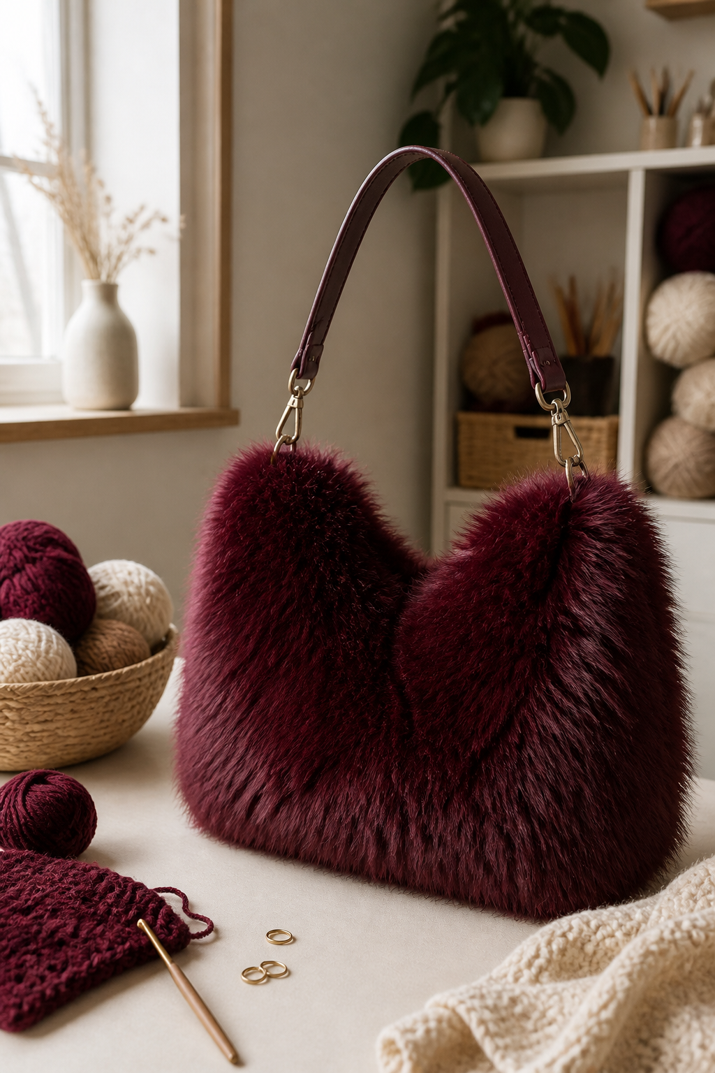 crochet burgundy fuzzy bag ideas: faux-fur strap shoulder bag in an original editorial composition