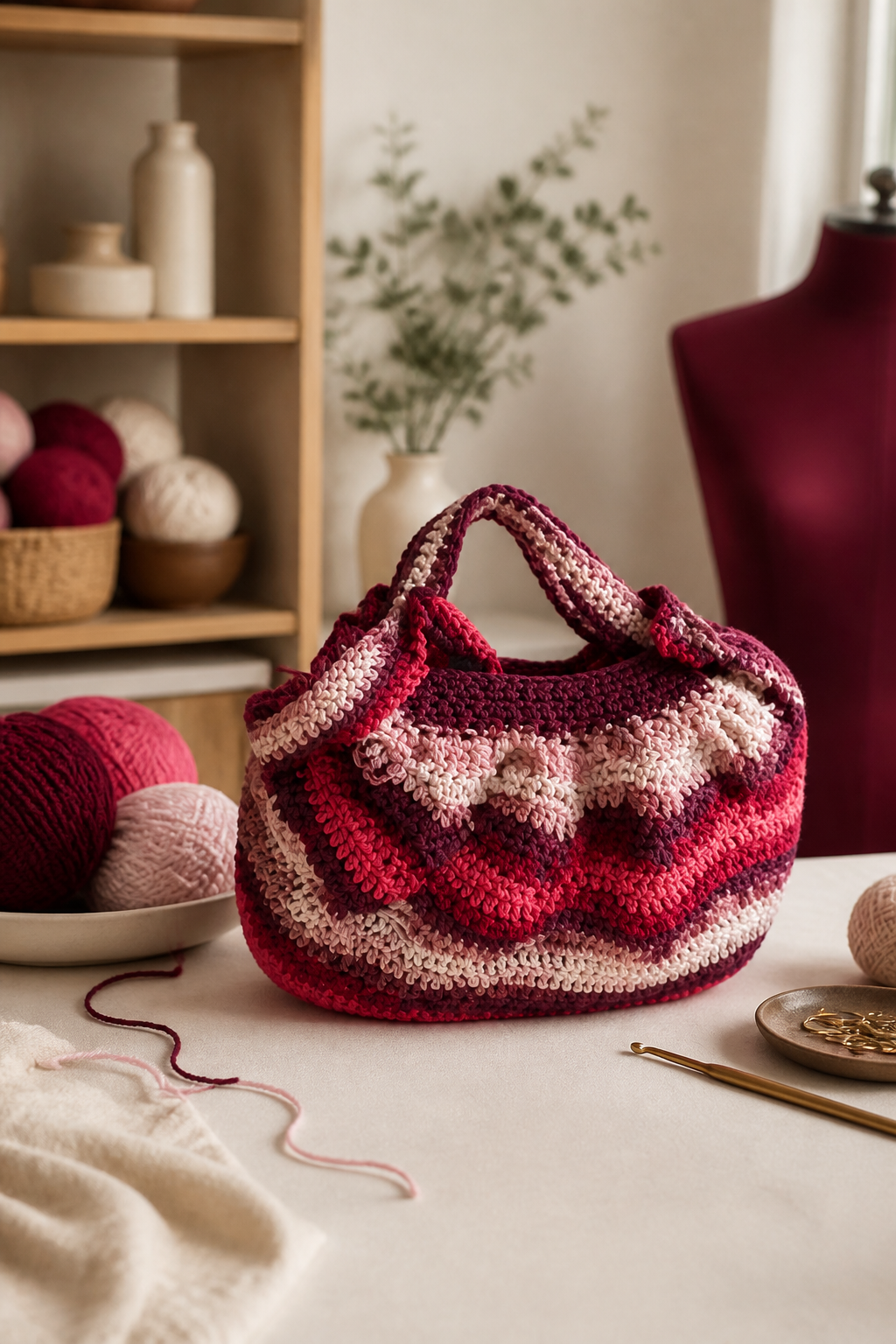 crochet burgundy fuzzy bag ideas: soft hobo bag in an original editorial composition