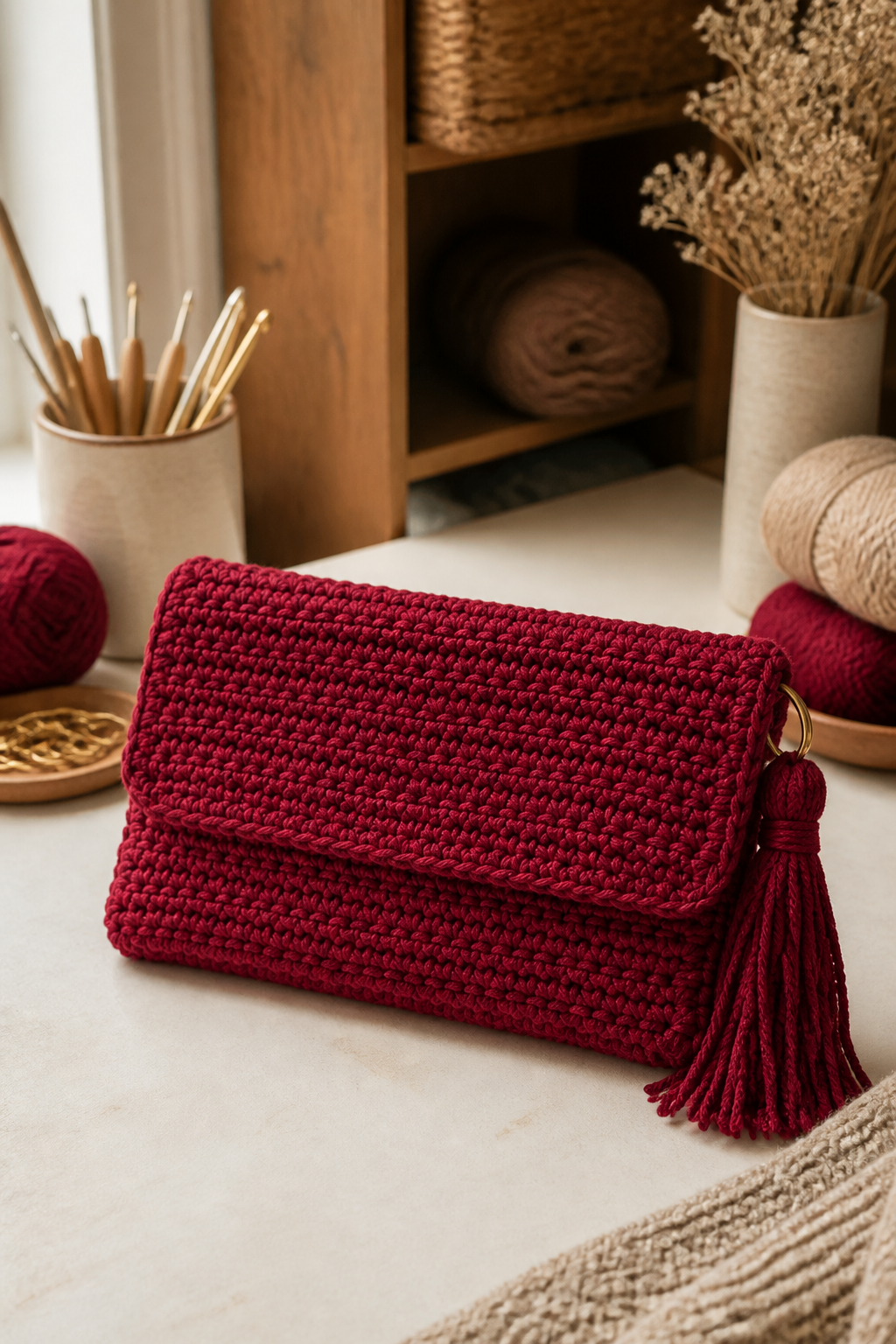 crochet burgundy fuzzy bag ideas: rectangular fuzzy clutch in an original editorial composition
