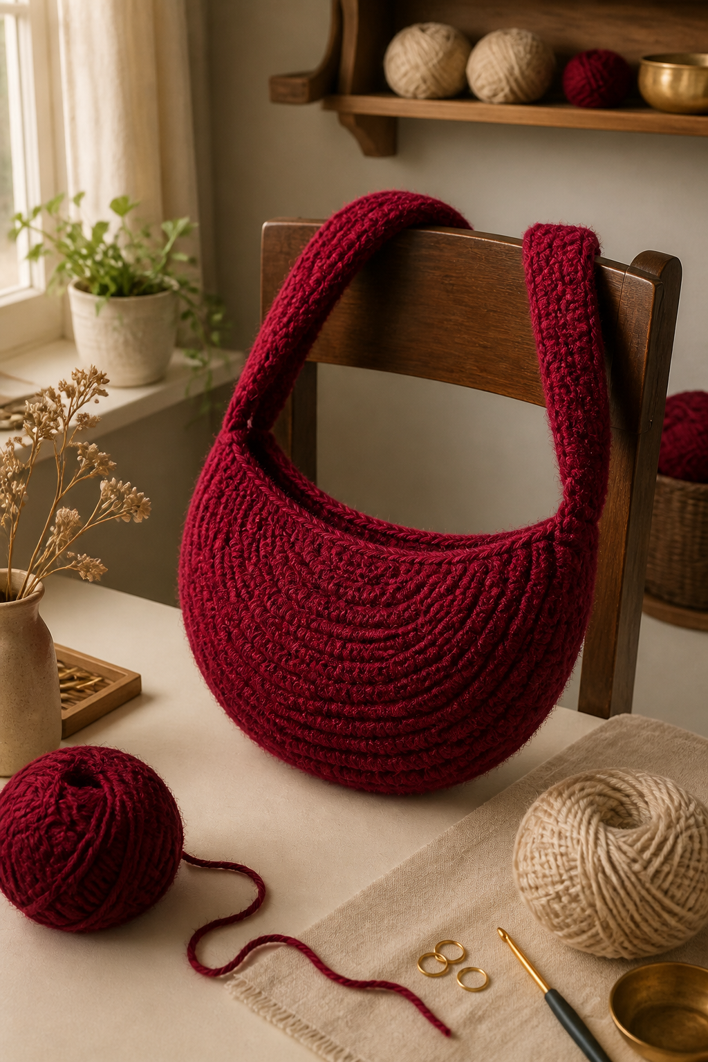 crochet burgundy fuzzy bag ideas: crescent crossbody bag in an original editorial composition