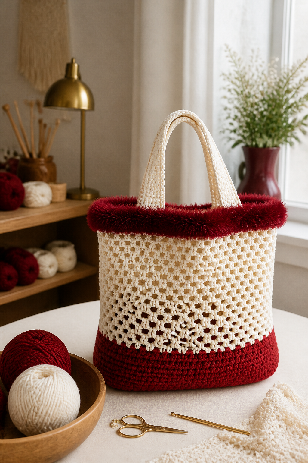 crochet burgundy fuzzy bag ideas: fuzzy-trim market tote in an original editorial composition