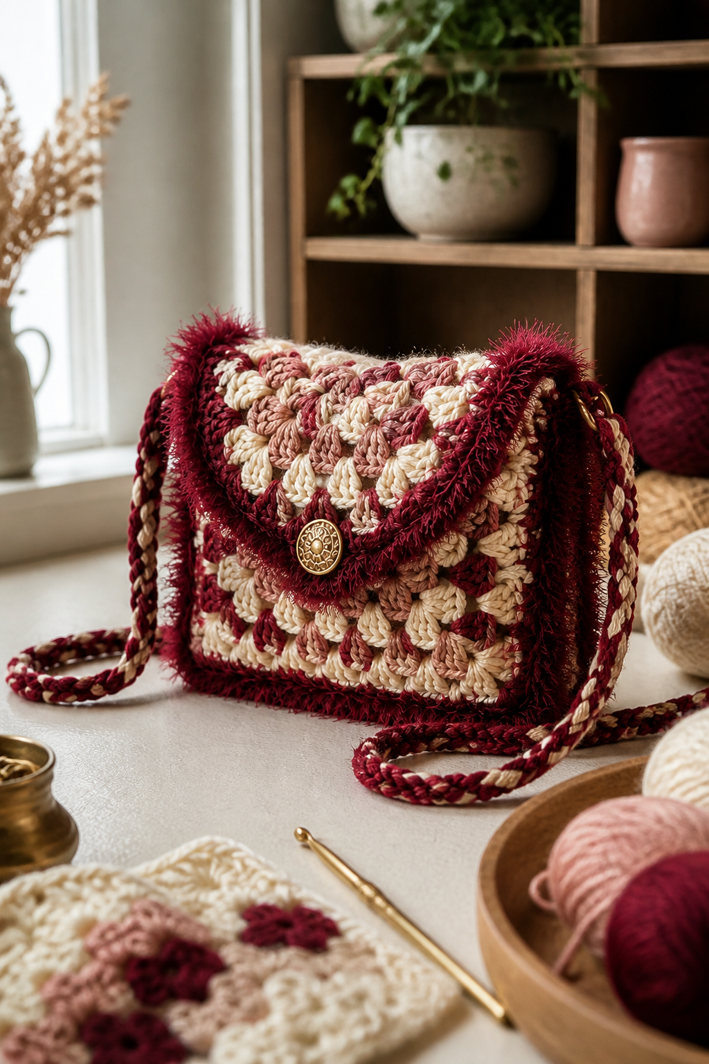 crochet burgundy fuzzy bag ideas: fuzzy-edged granny-square purse in an original editorial composition