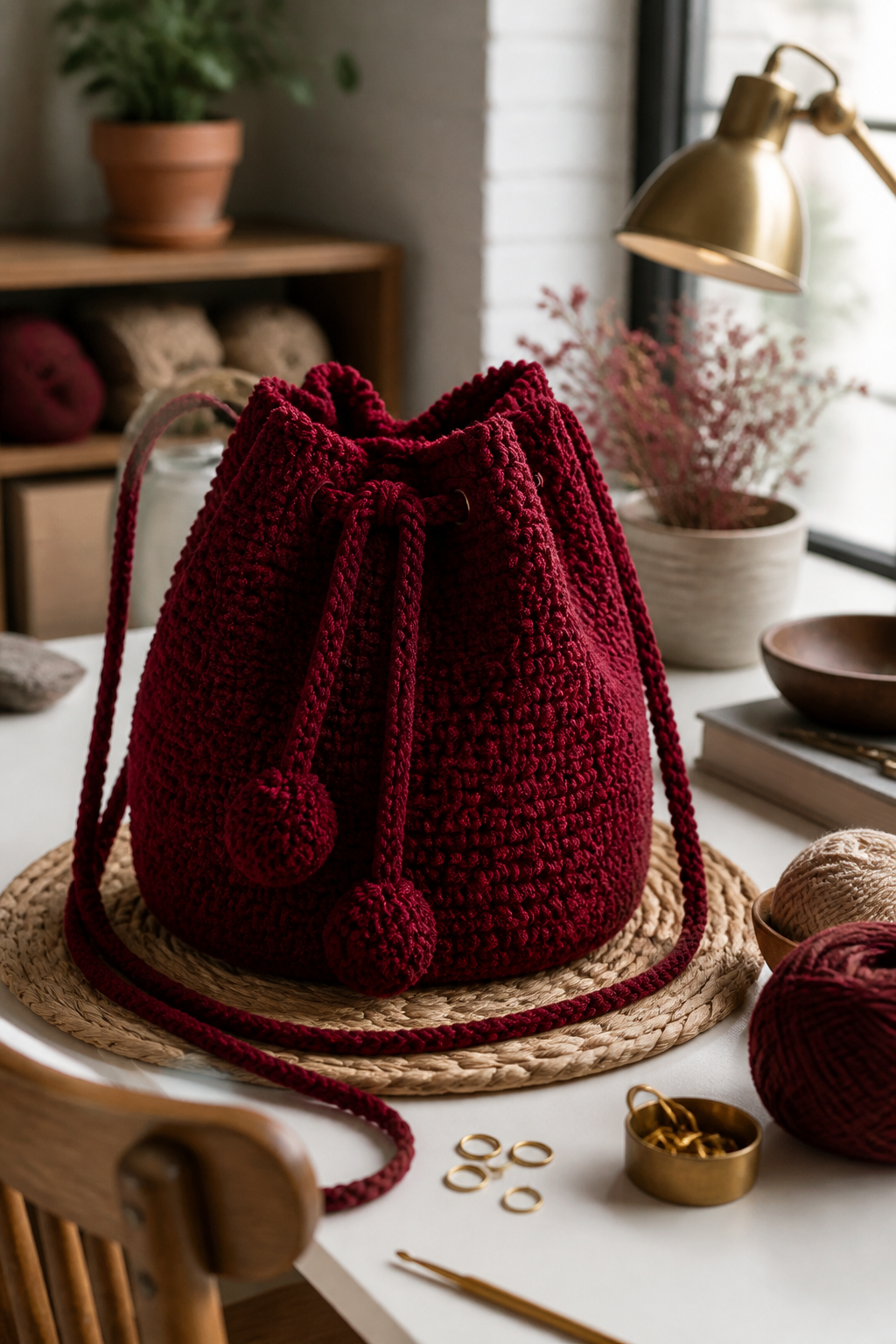crochet burgundy fuzzy bag ideas: drawstring bucket bag in an original editorial composition