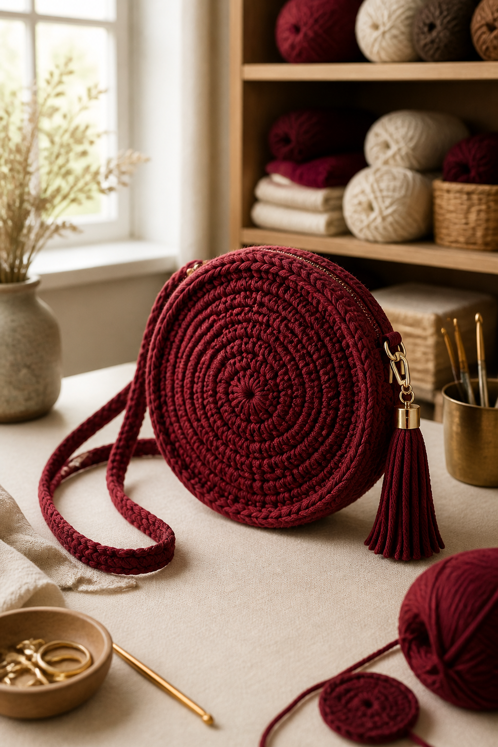 crochet burgundy fuzzy bag ideas: round crossbody bag in an original editorial composition