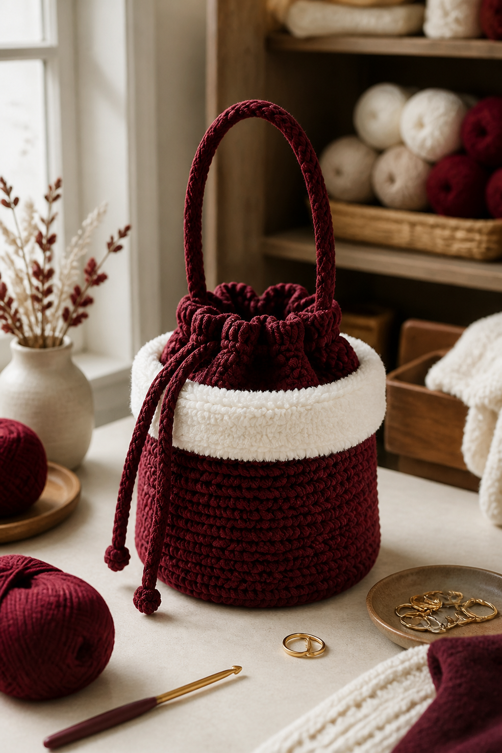 crochet burgundy fuzzy bag ideas: fuzzy-cuff bucket bag in an original editorial composition