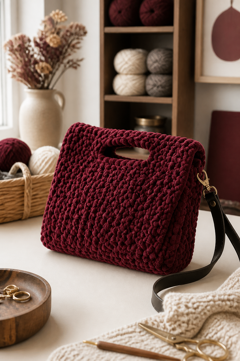 crochet burgundy fuzzy bag ideas: plush boxy crossbody in an original editorial composition