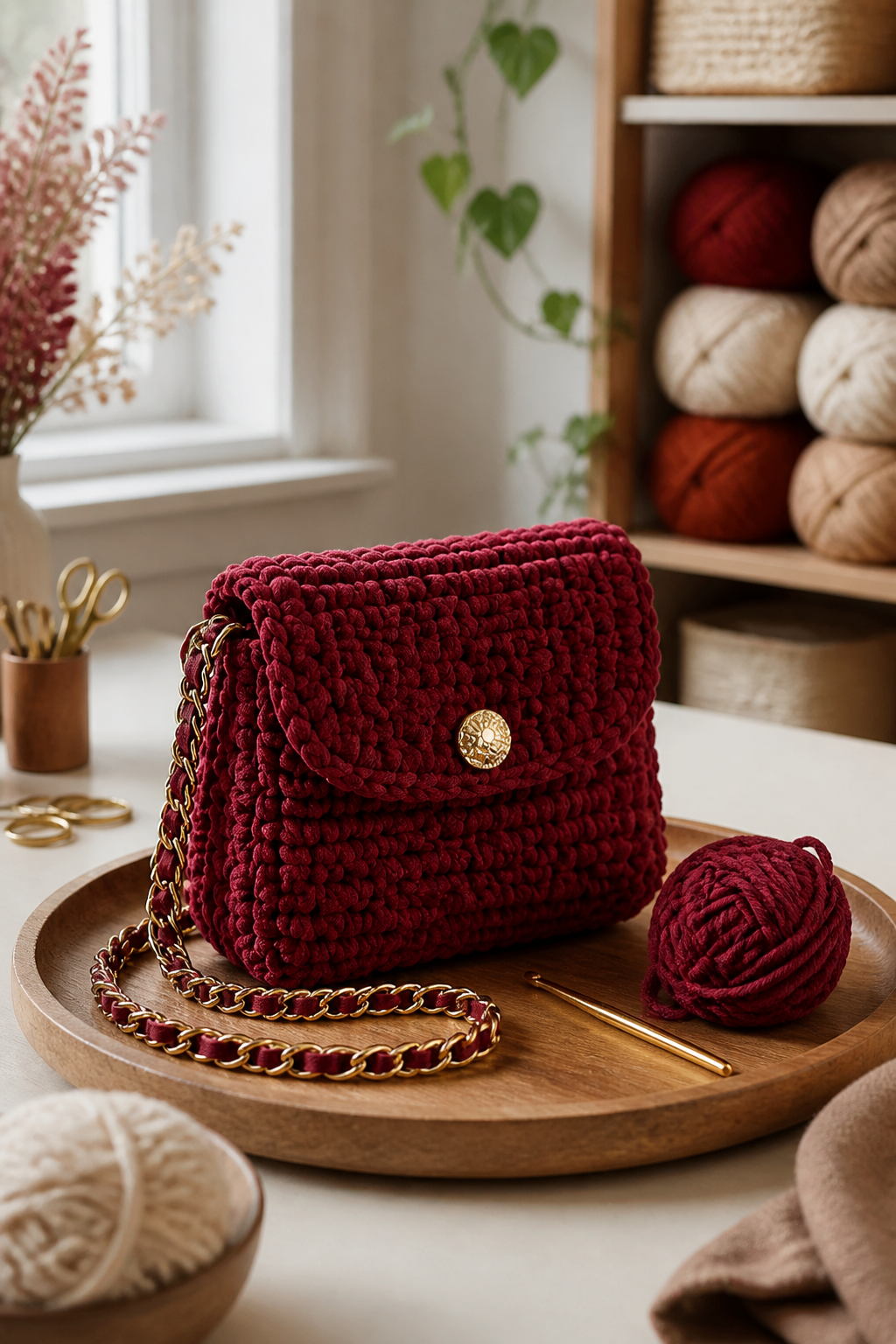 crochet burgundy fuzzy bag ideas: puffy mini handbag in an original editorial composition
