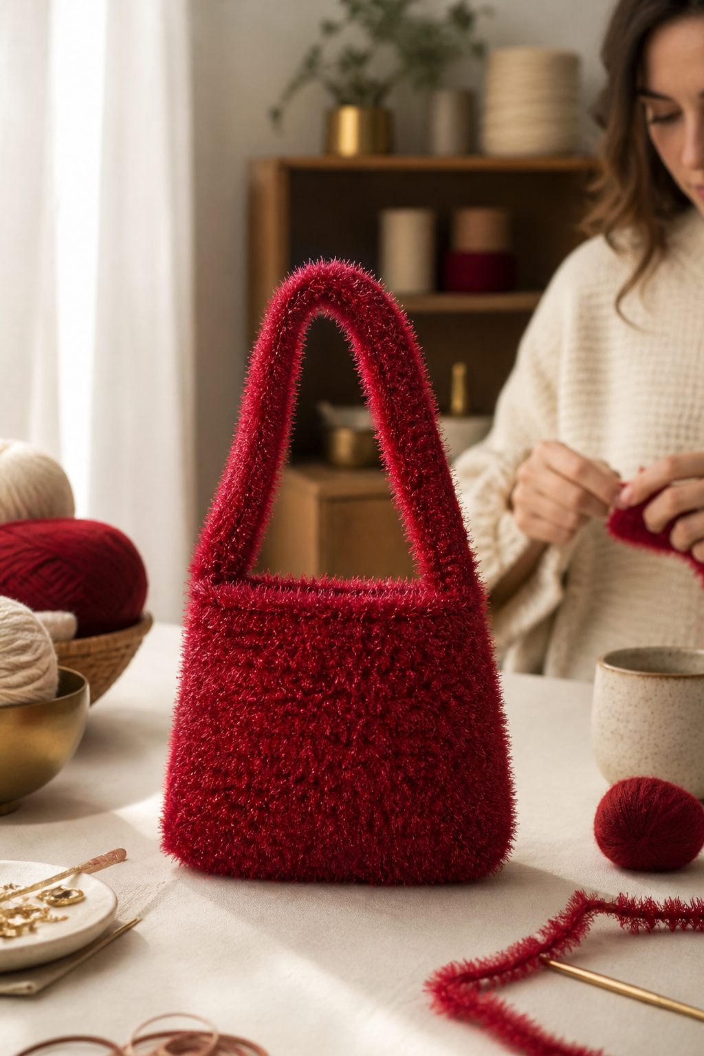 crochet burgundy fuzzy bag ideas: fur-yarn soft purse in an original editorial composition