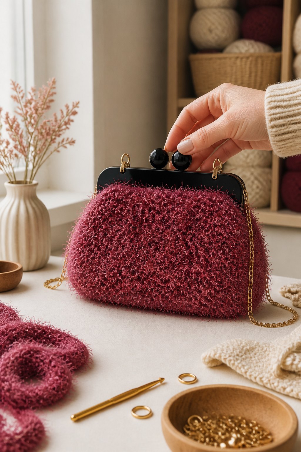 crochet burgundy fuzzy bag ideas: fur-effect frame clutch in an original editorial composition