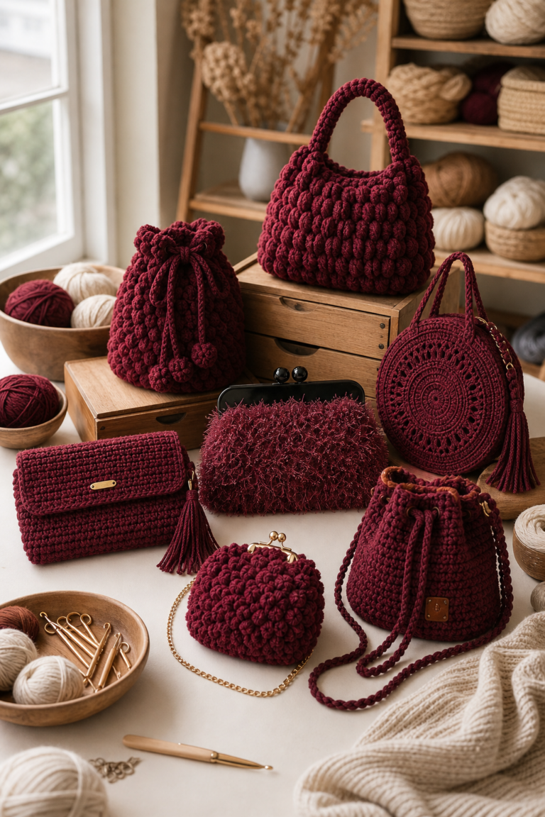 crochet burgundy fuzzy bag ideas in an original editorial composition