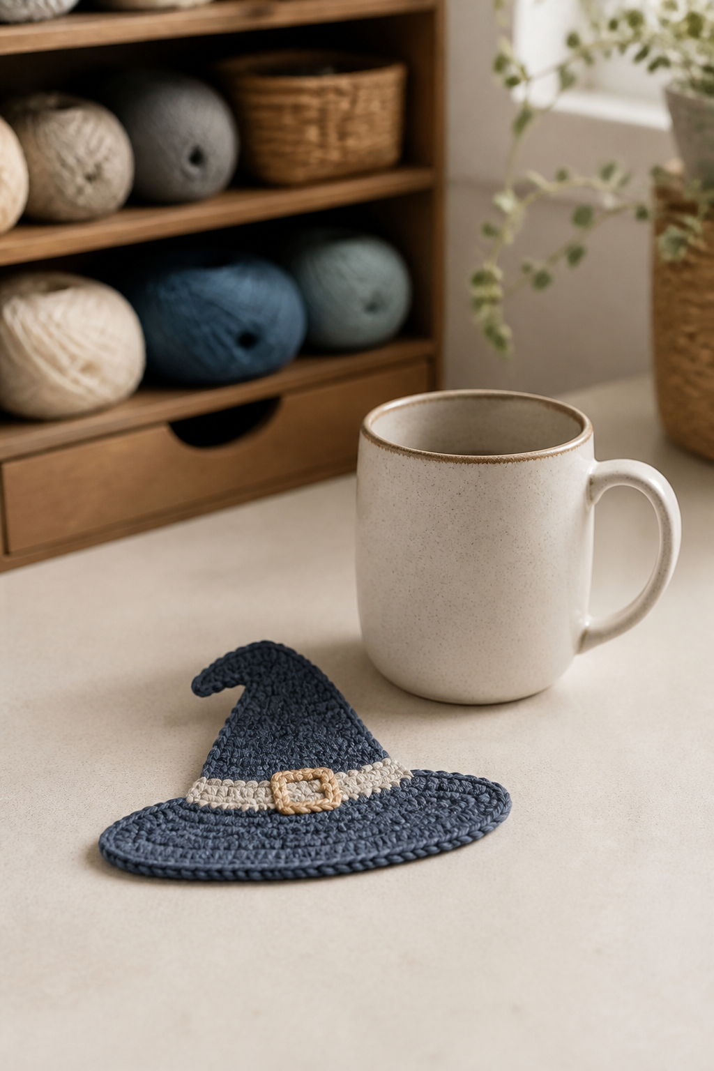 crochet kitchen witch decor ideas showing crochet witch hat drink coaster