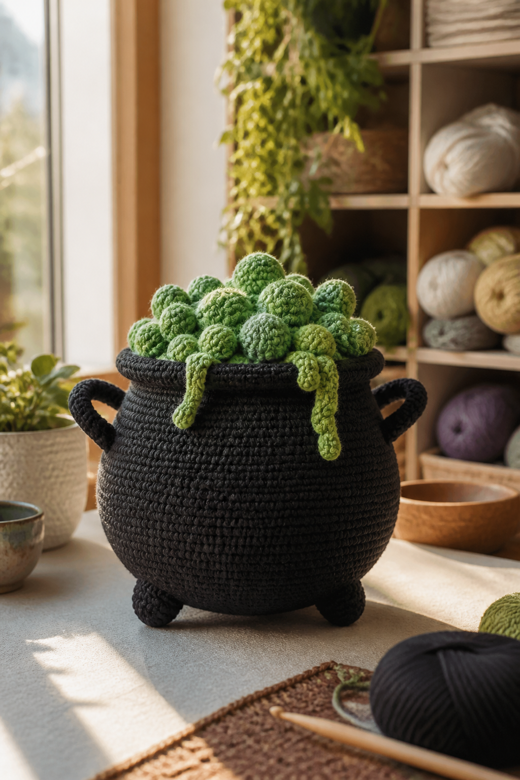 crochet kitchen witch decor ideas showing crochet bubbling cauldron shelf centerpiece