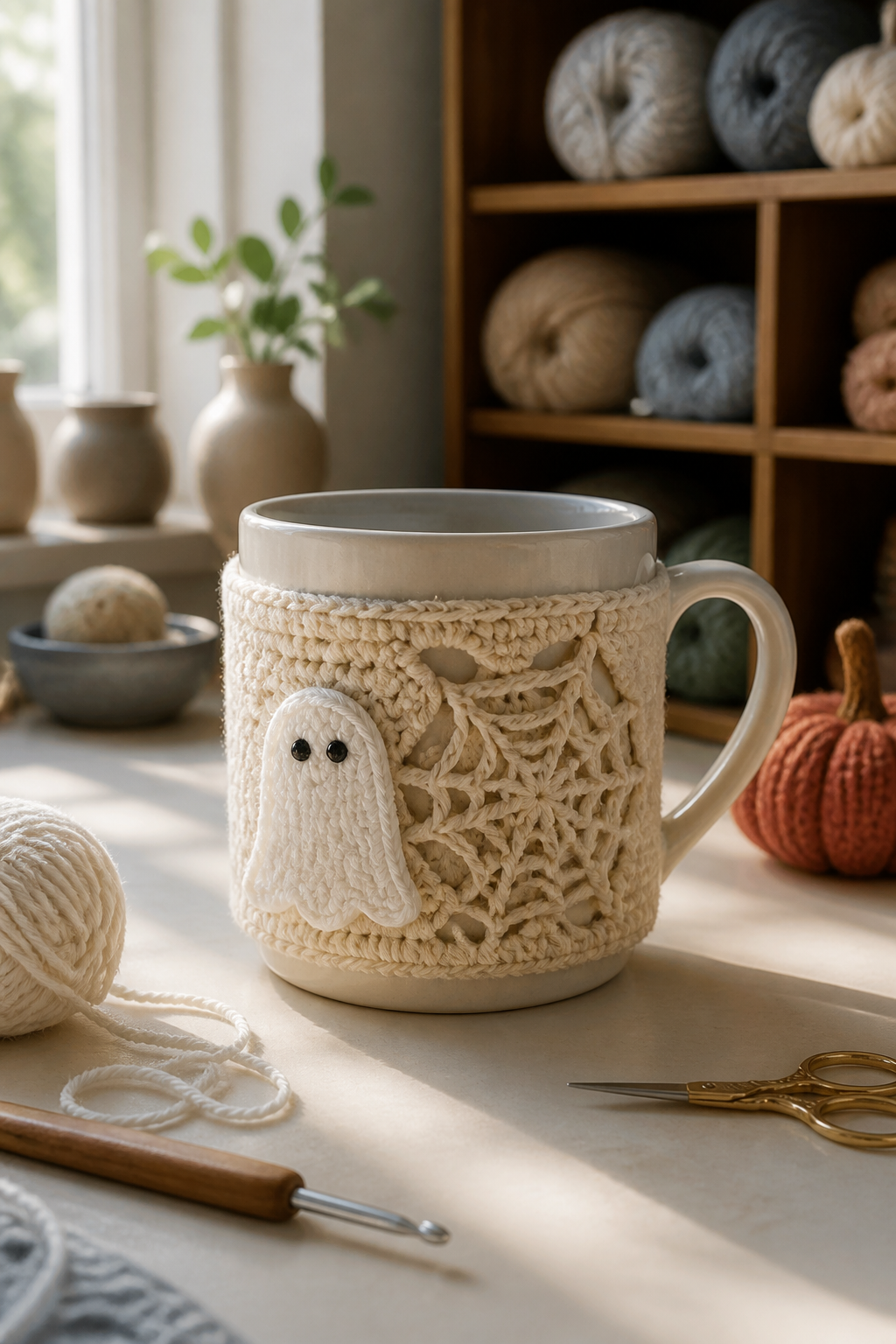 crochet kitchen witch decor ideas showing crochet ghost and web mug cozy