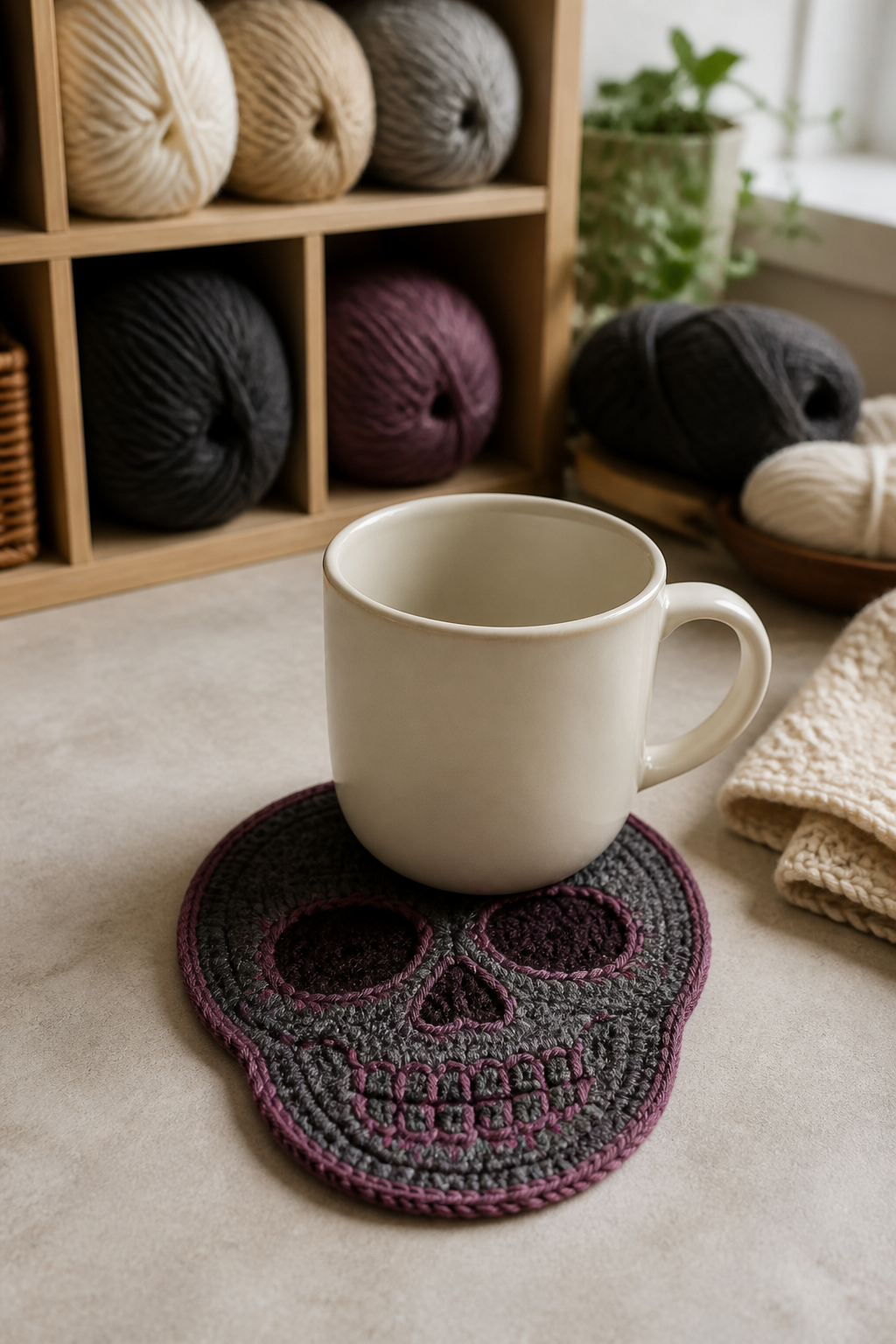 crochet kitchen witch decor ideas showing crochet skull drink coaster