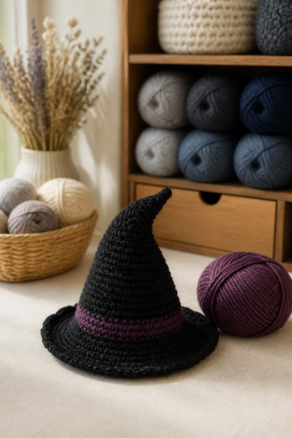 crochet kitchen witch decor ideas showing crochet mini witch hat shelf accent
