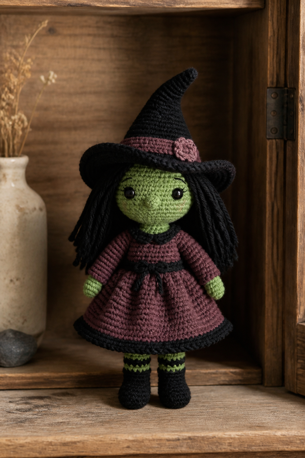 crochet kitchen witch decor ideas showing crochet witch doll hutch display