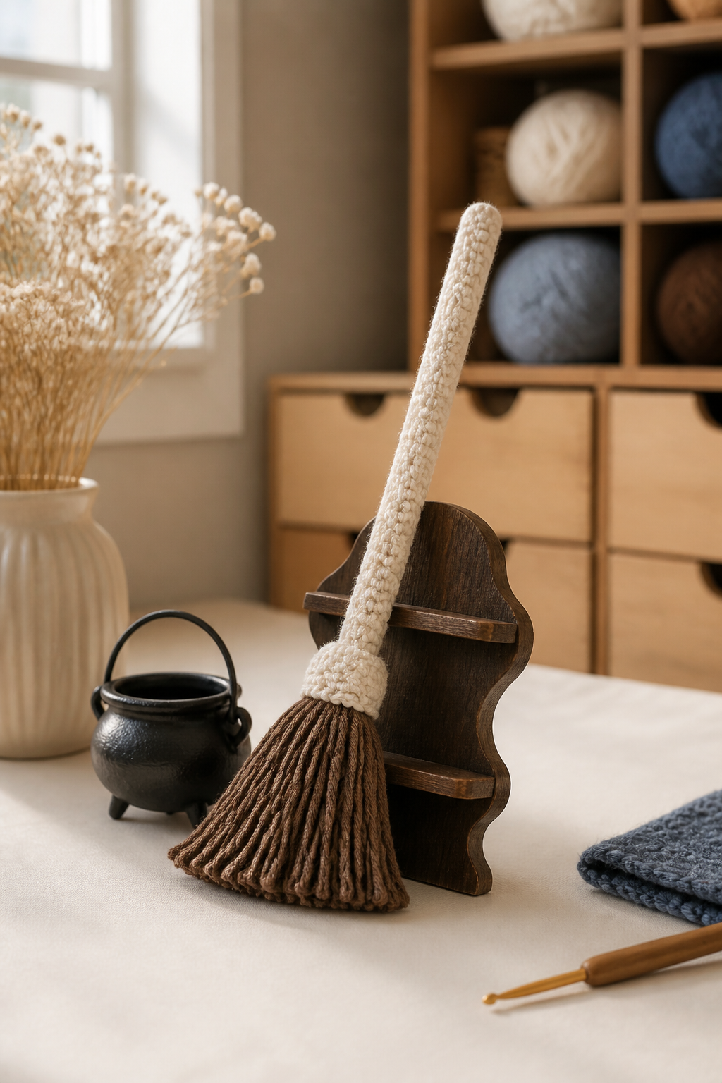 crochet kitchen witch decor ideas showing crochet mini witch broom shelf prop