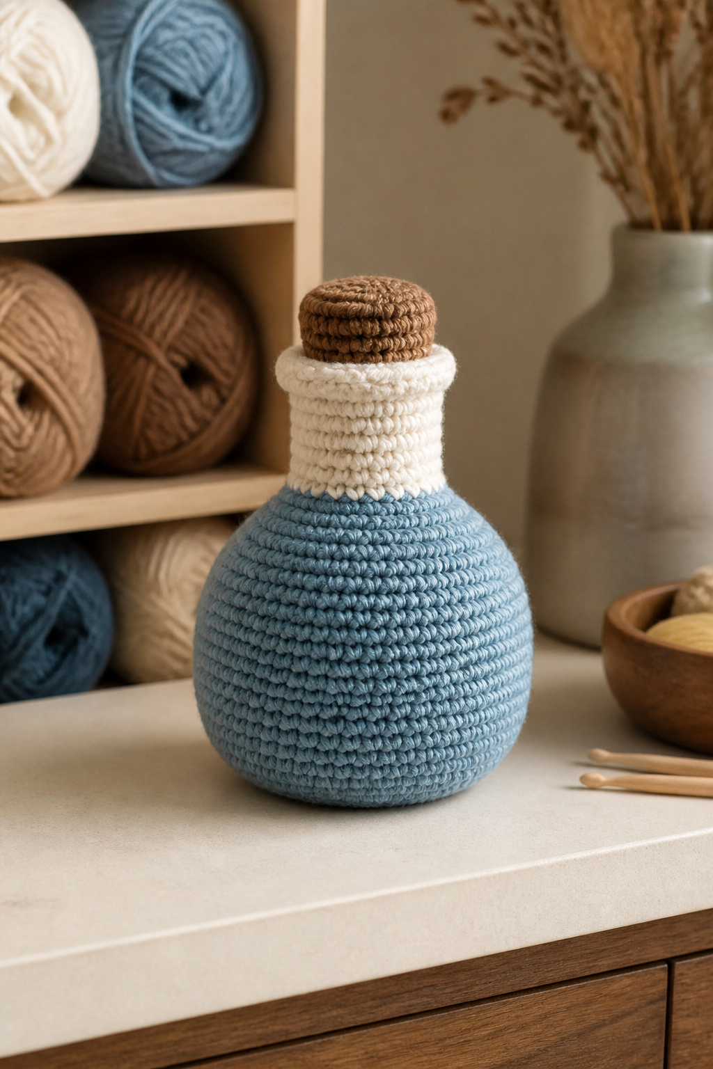 crochet kitchen witch decor ideas showing crochet potion bottle amigurumi decor