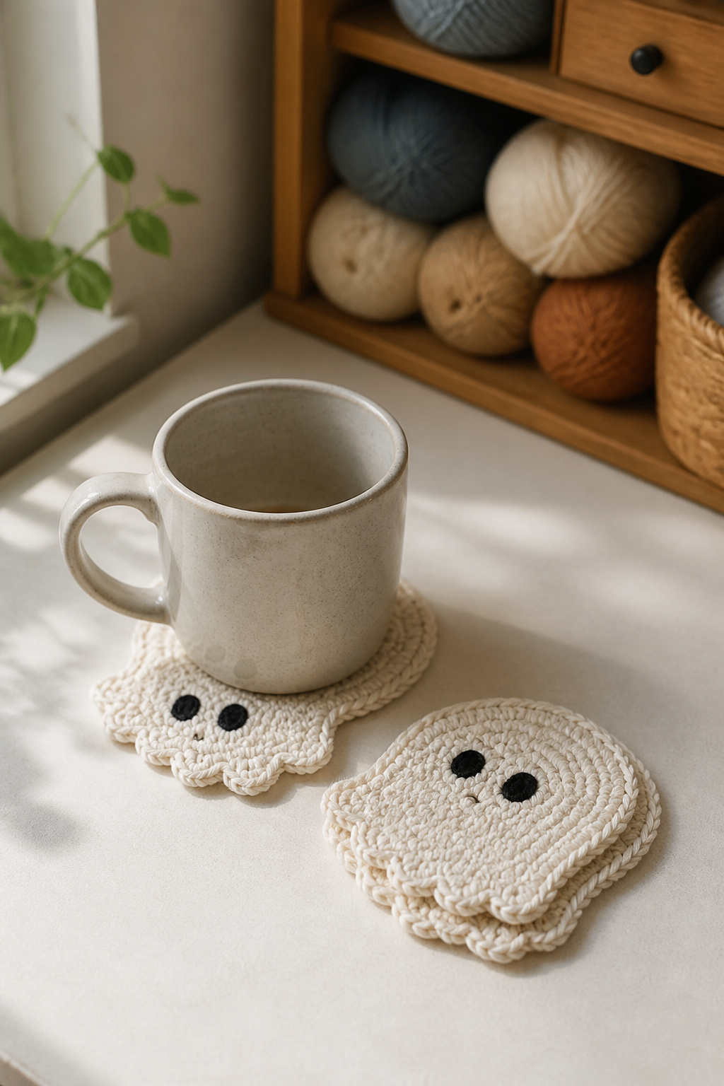 crochet kitchen witch decor ideas showing crochet ghost drink coaster