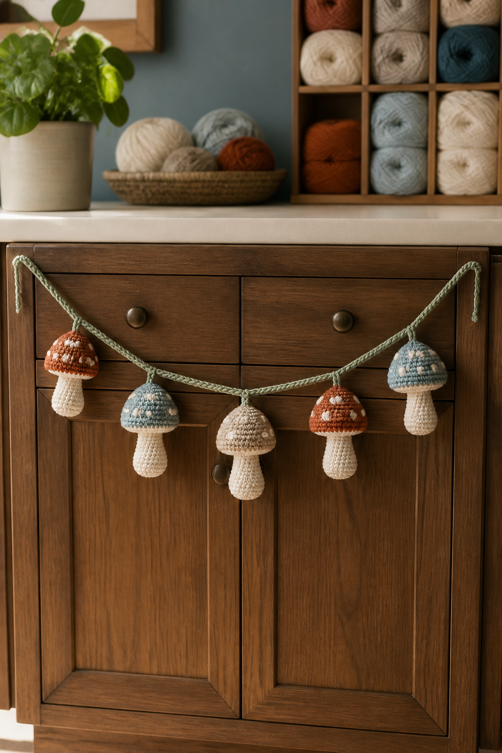crochet kitchen witch decor ideas showing crochet toadstool cabinet garland