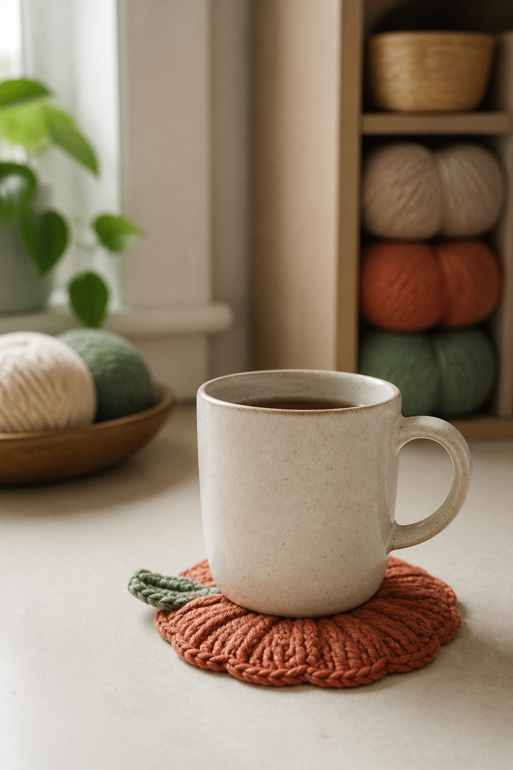crochet kitchen witch decor ideas showing crochet pumpkin drink coaster