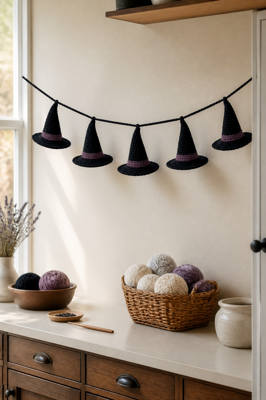 crochet kitchen witch decor ideas showing crochet witch hat kitchen garland