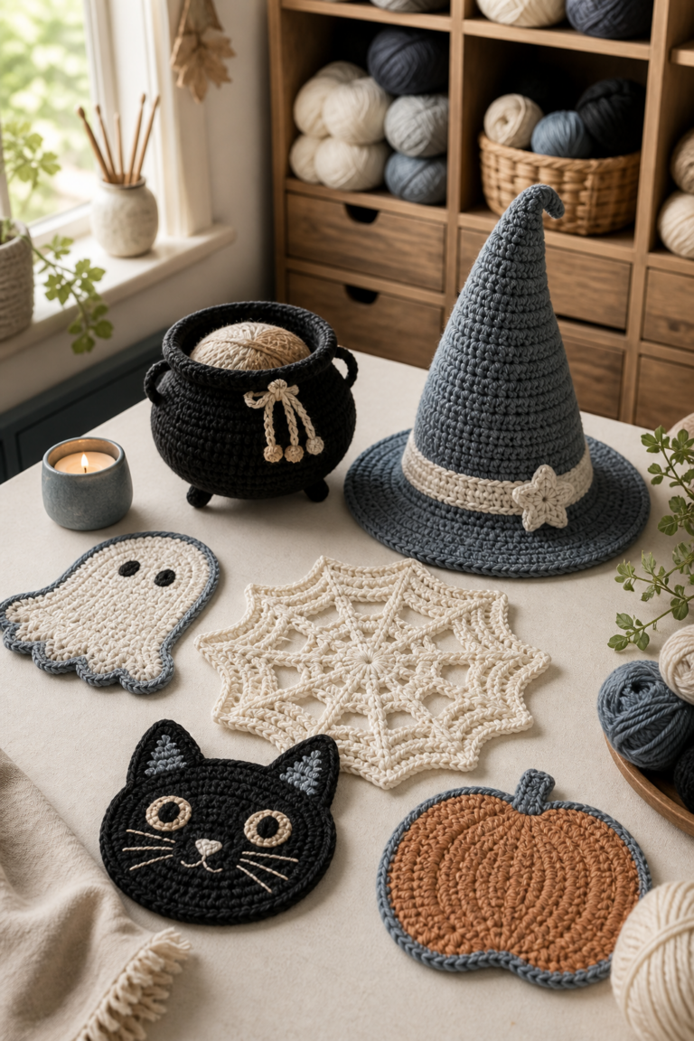 crochet kitchen witch decor ideas in an original seasonal craft display