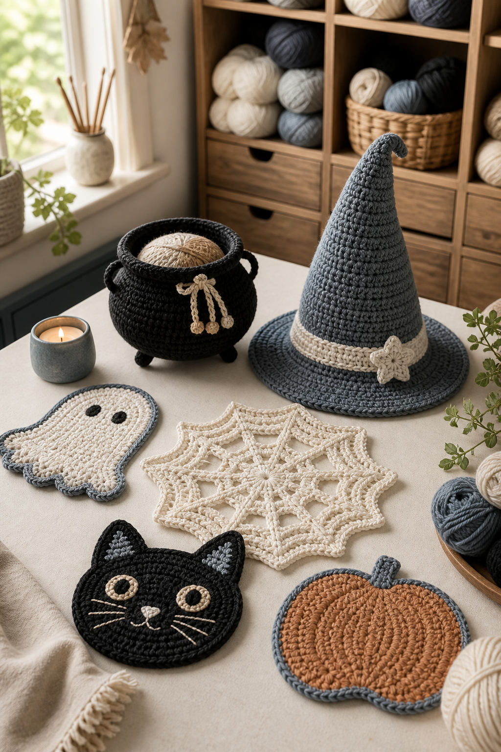 crochet kitchen witch decor ideas in an original seasonal craft display
