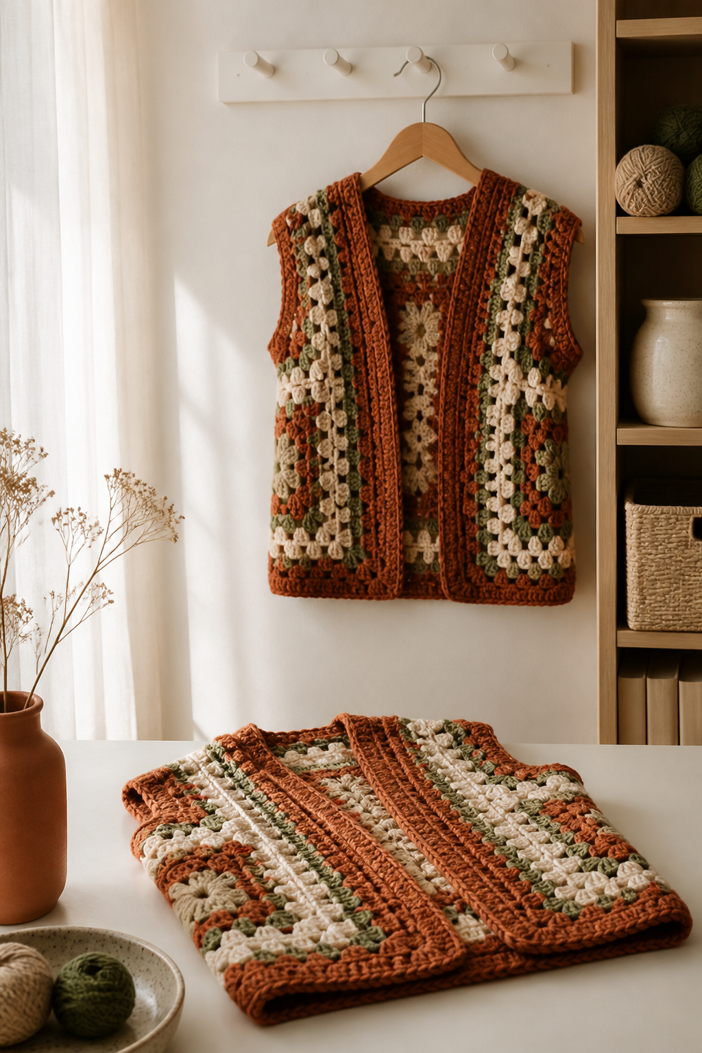 rust orange crochet ideas showing crochet granny square layering vest
