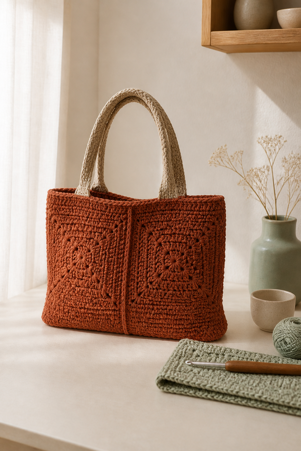 rust orange crochet ideas showing crochet structured two-square tote