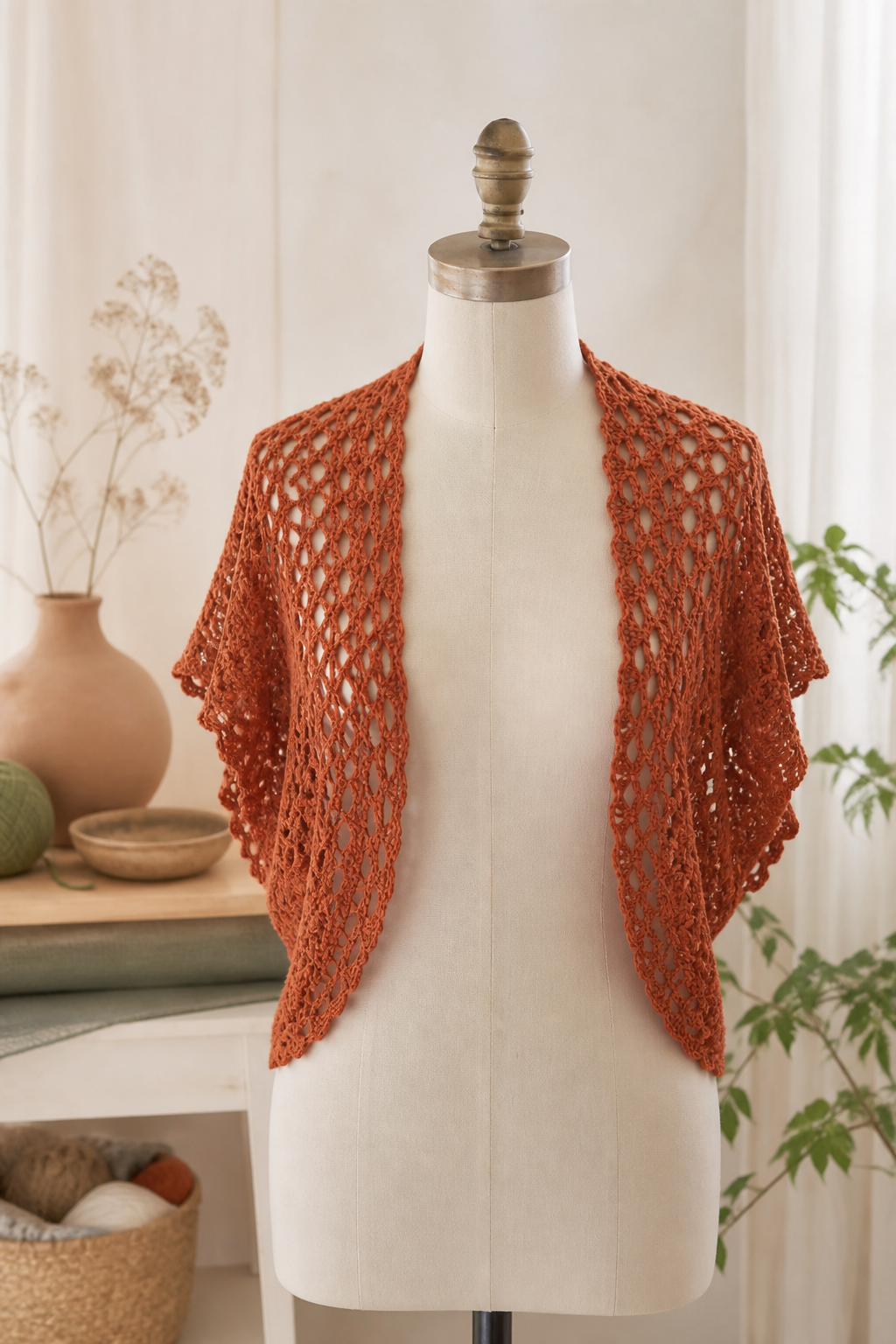 rust orange crochet ideas showing crochet open-lace shrug