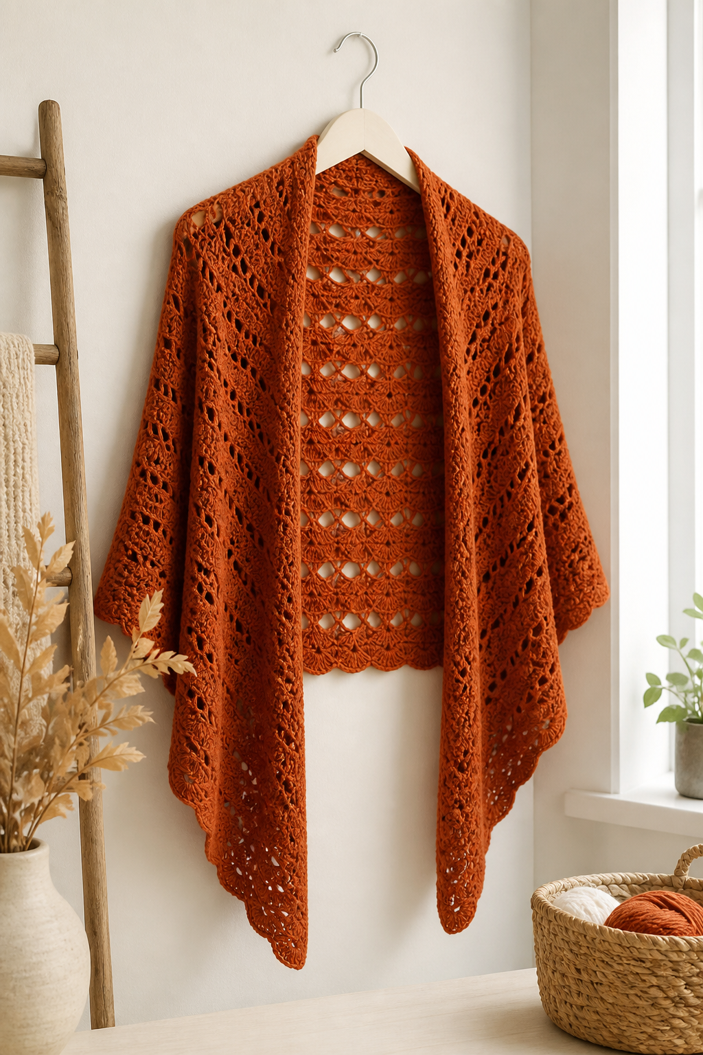 rust orange crochet ideas showing crochet arcade-stitch fall shawl