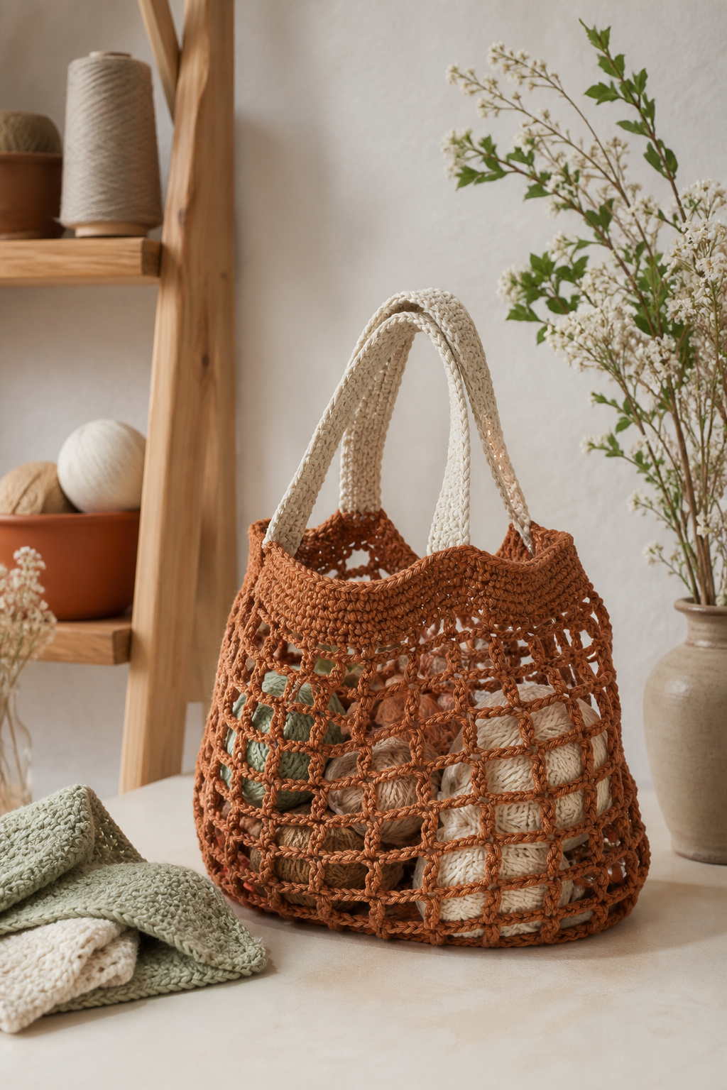 rust orange crochet ideas showing crochet mesh market bag
