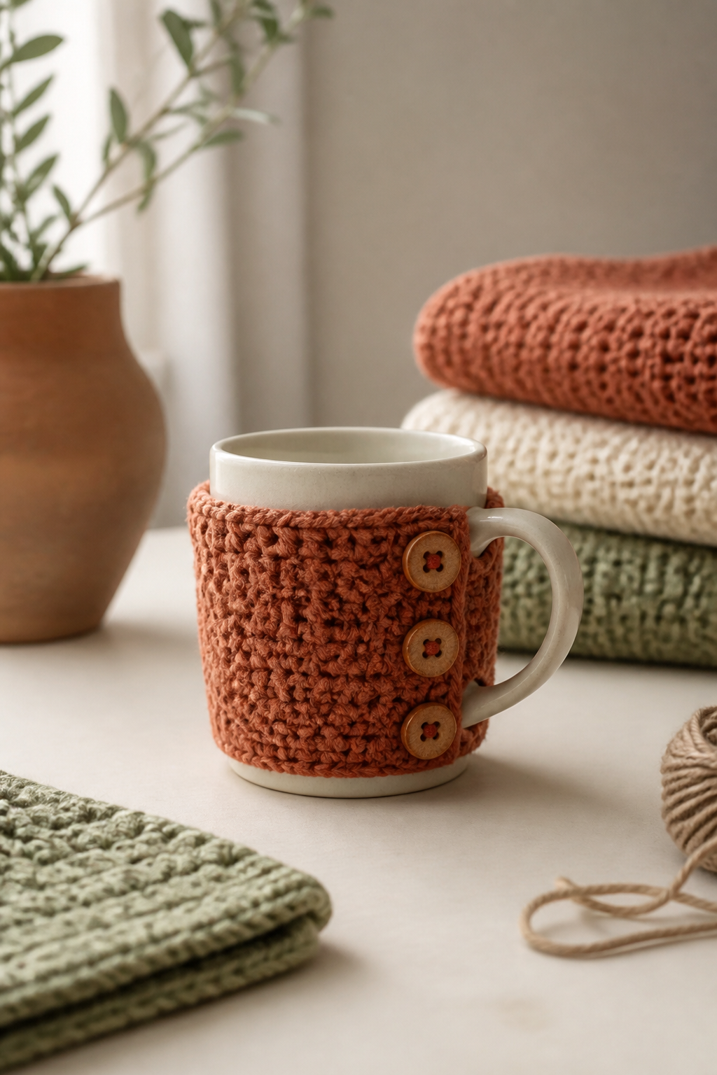 rust orange crochet ideas showing crochet buttoned mug cozy