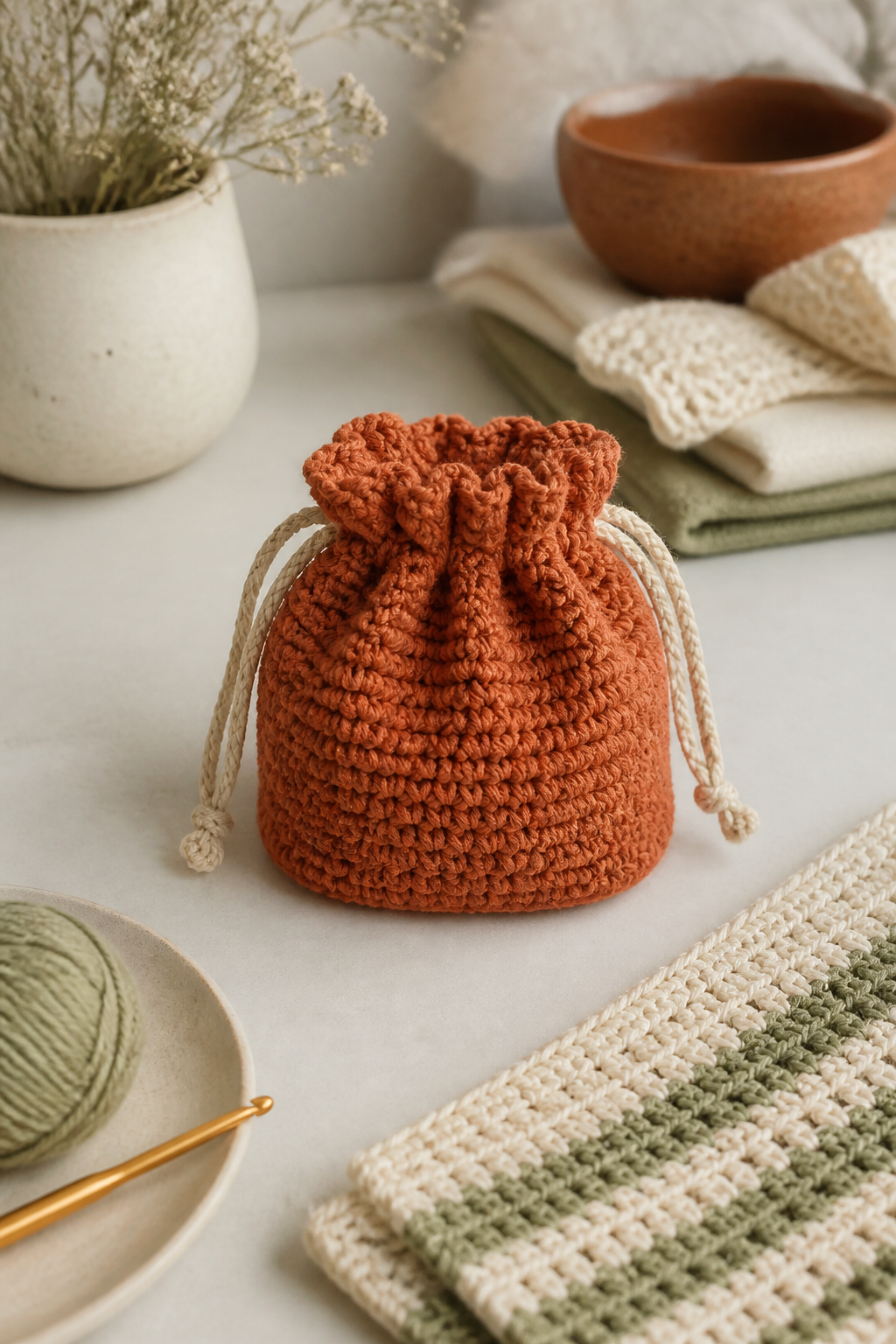 rust orange crochet ideas showing crochet drawstring mini pouch
