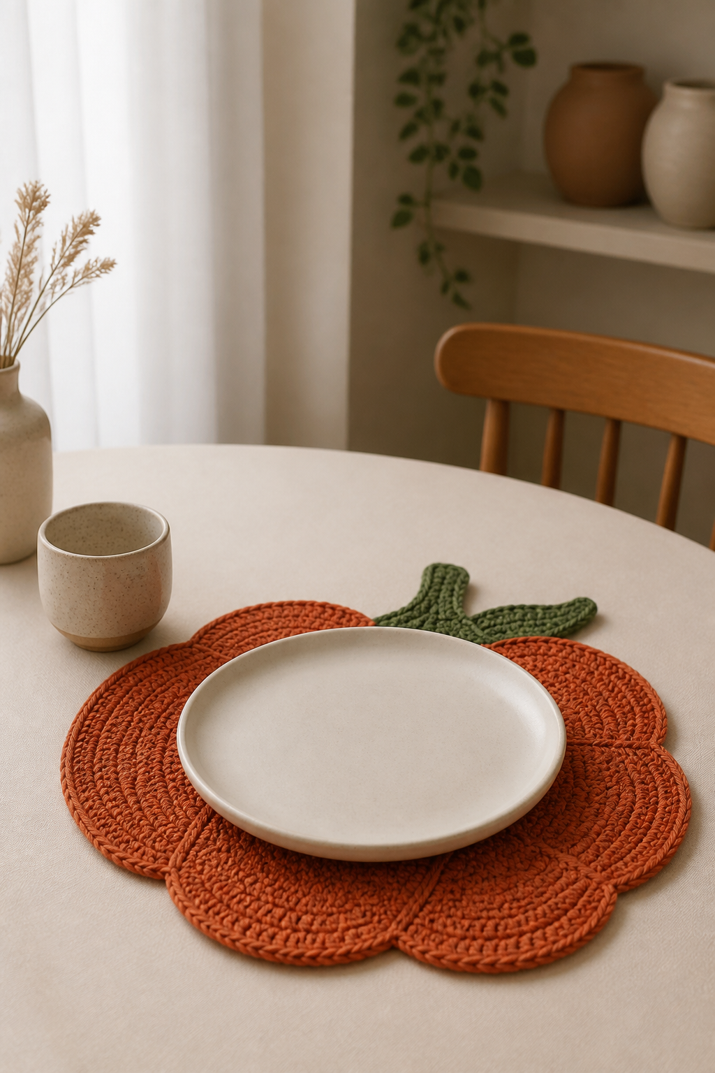 rust orange crochet ideas showing crochet pumpkin-shaped placemat