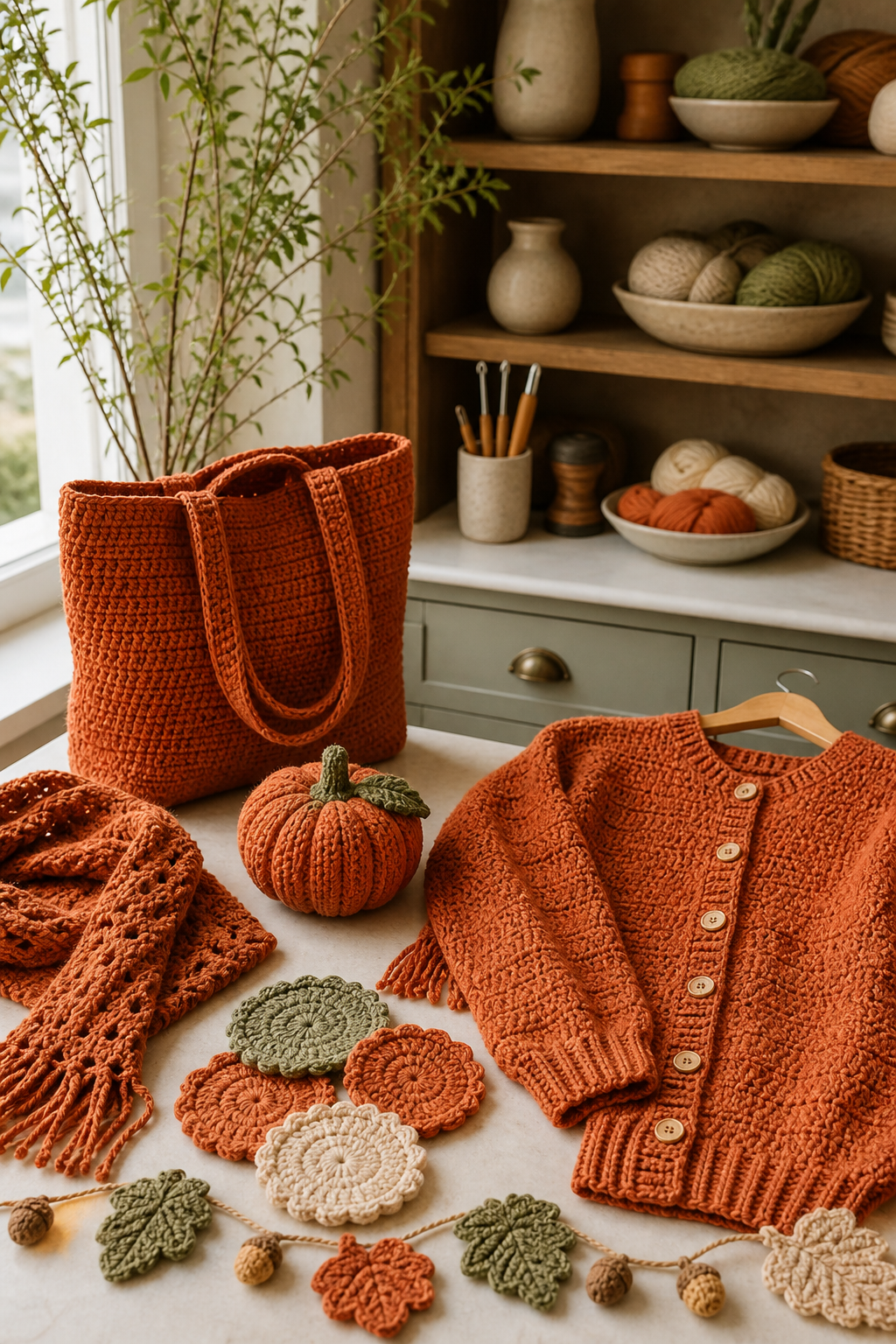 rust orange crochet ideas in an original fall craft display
