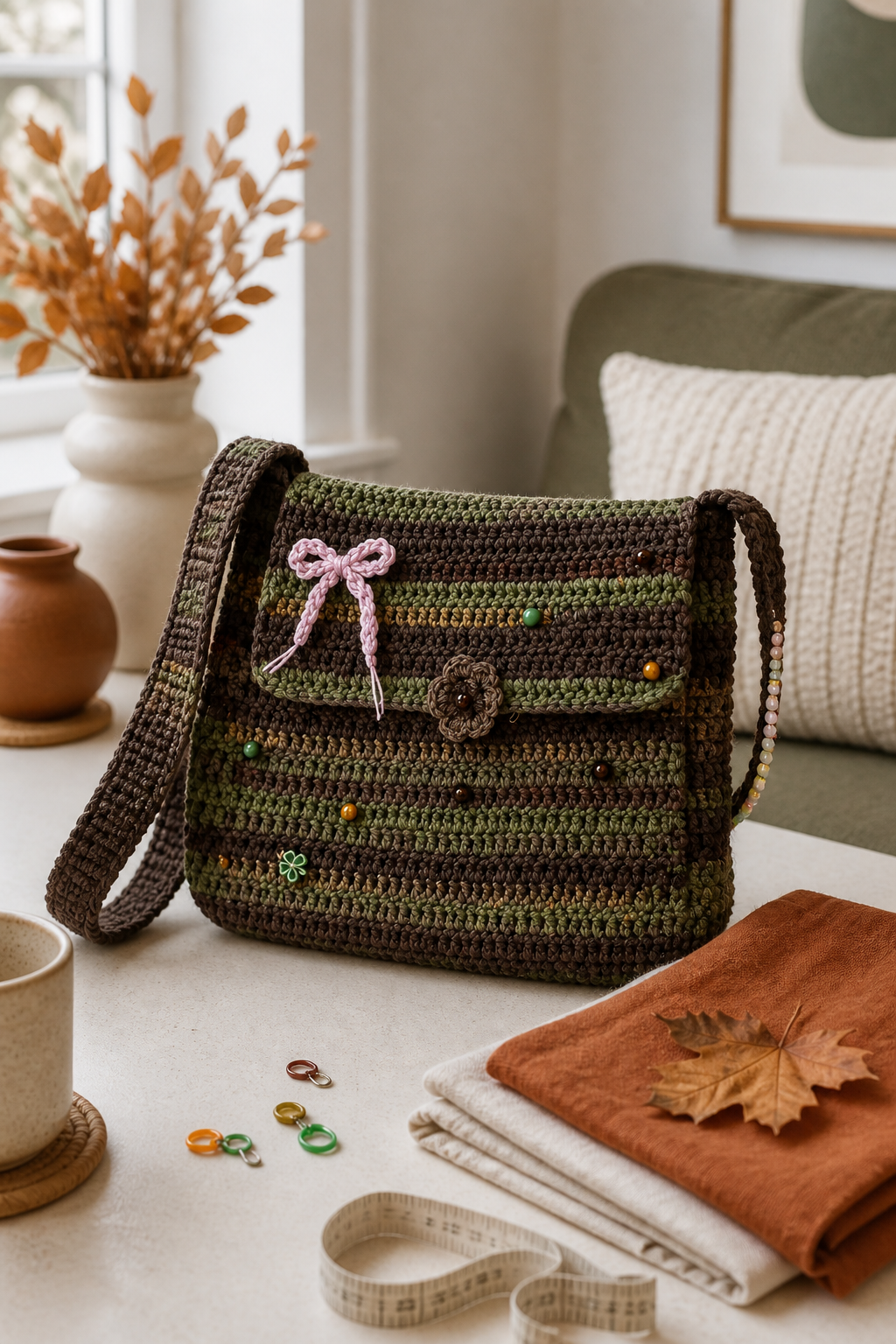 crochet oversized flap bag ideas: lined autumn messenger in an original editorial composition