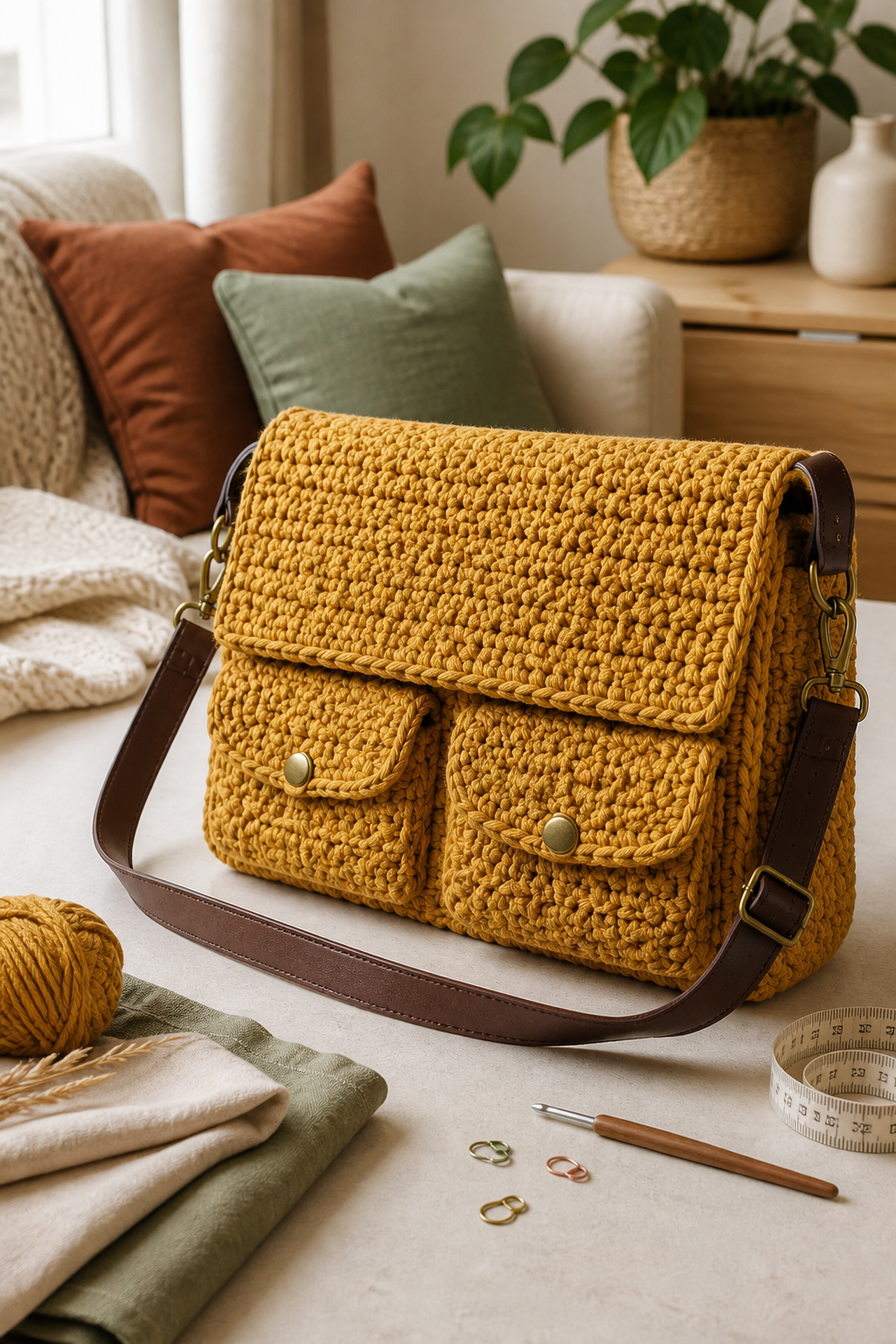 crochet oversized flap bag ideas: multi-pocket laptop carrier in an original editorial composition