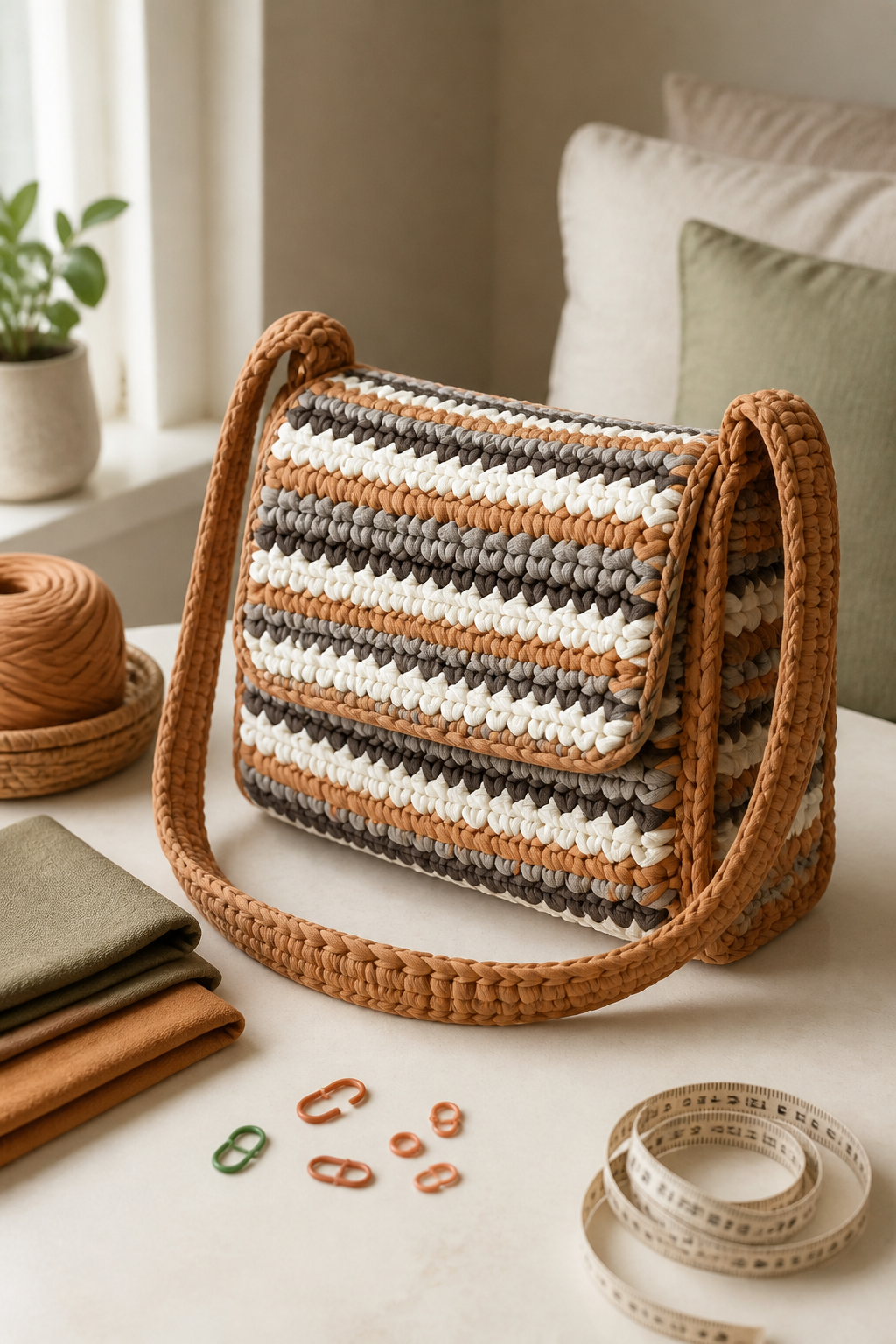 crochet oversized flap bag ideas: structured t-shirt-yarn satchel in an original editorial composition