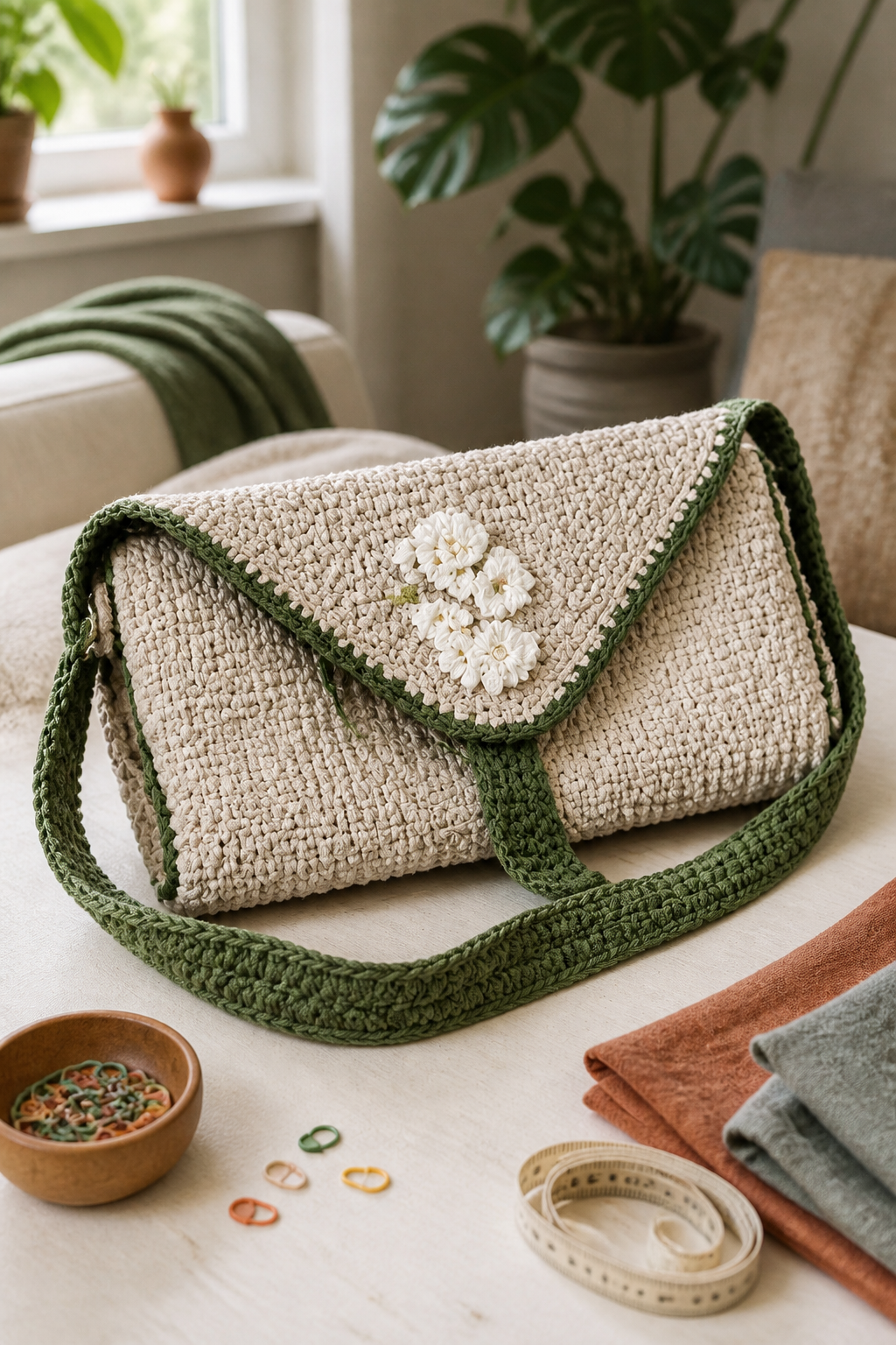 crochet oversized flap bag ideas: textured streetwear messenger in an original editorial composition