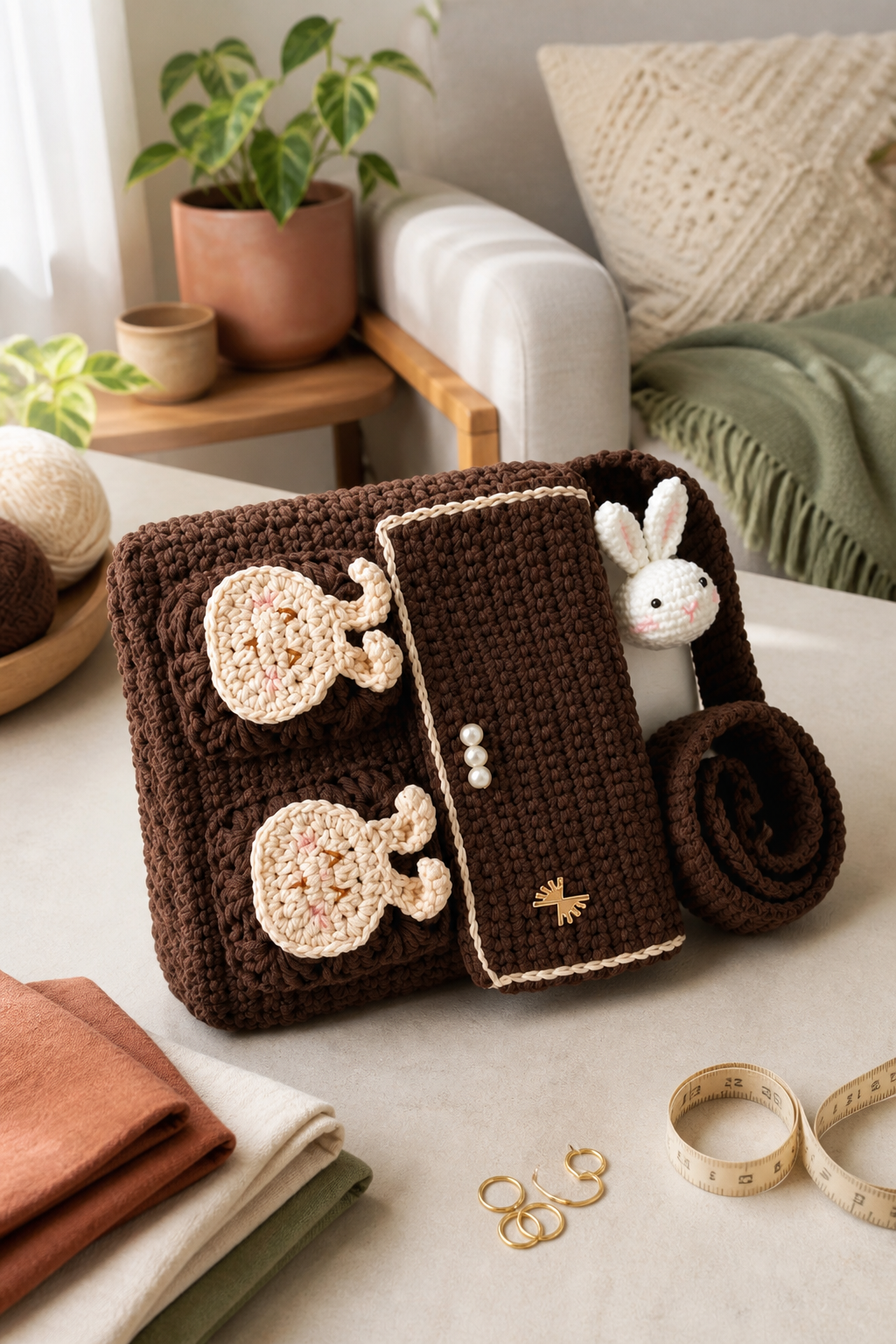 crochet oversized flap bag ideas: bunny school-and-work bag in an original editorial composition