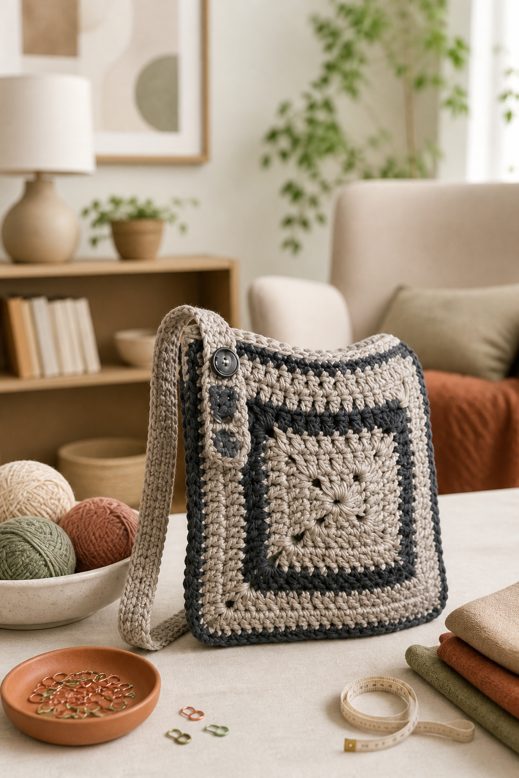 crochet oversized flap bag ideas: cozy square button bag in an original editorial composition