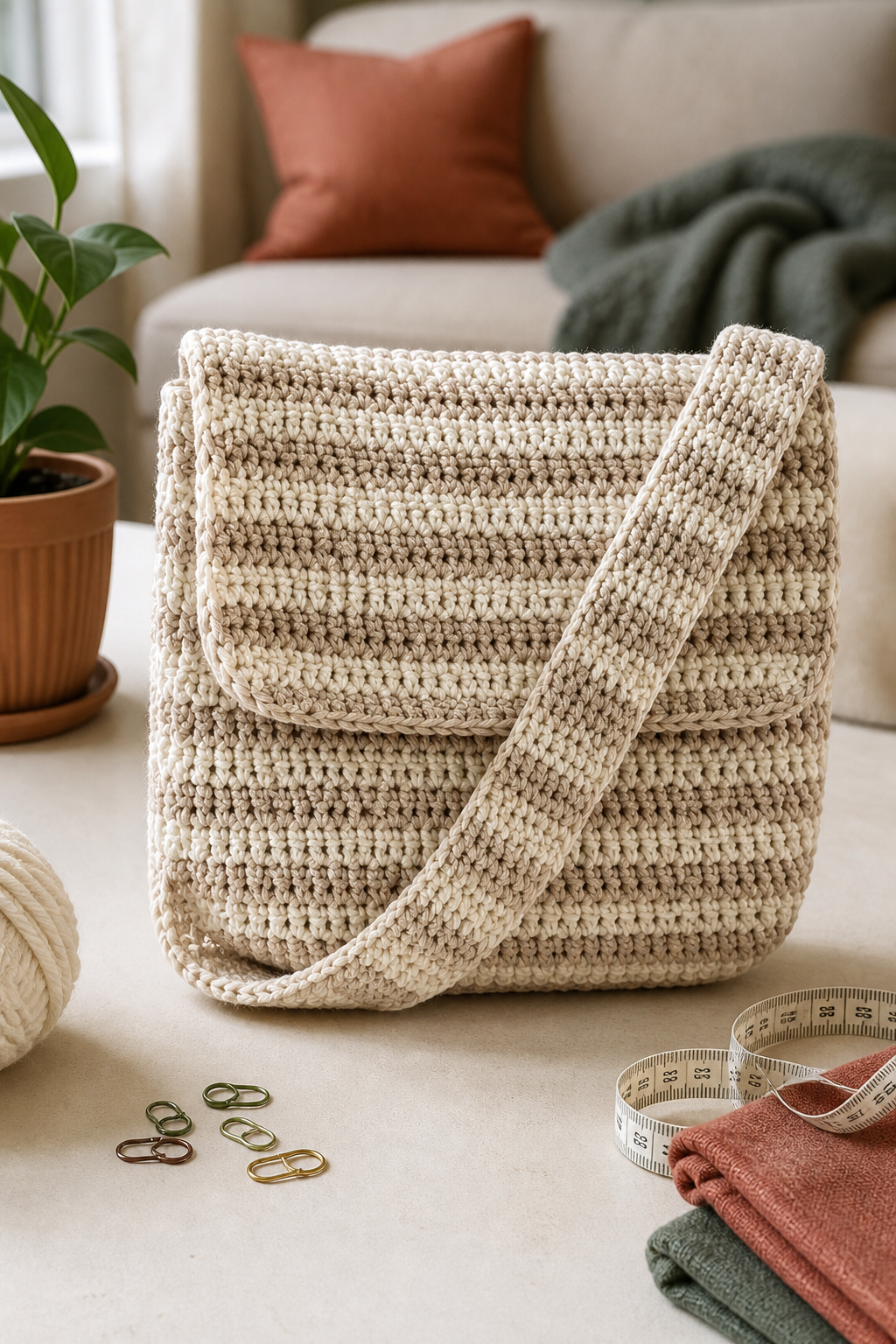crochet oversized flap bag ideas: neutral striped flap bag in an original editorial composition