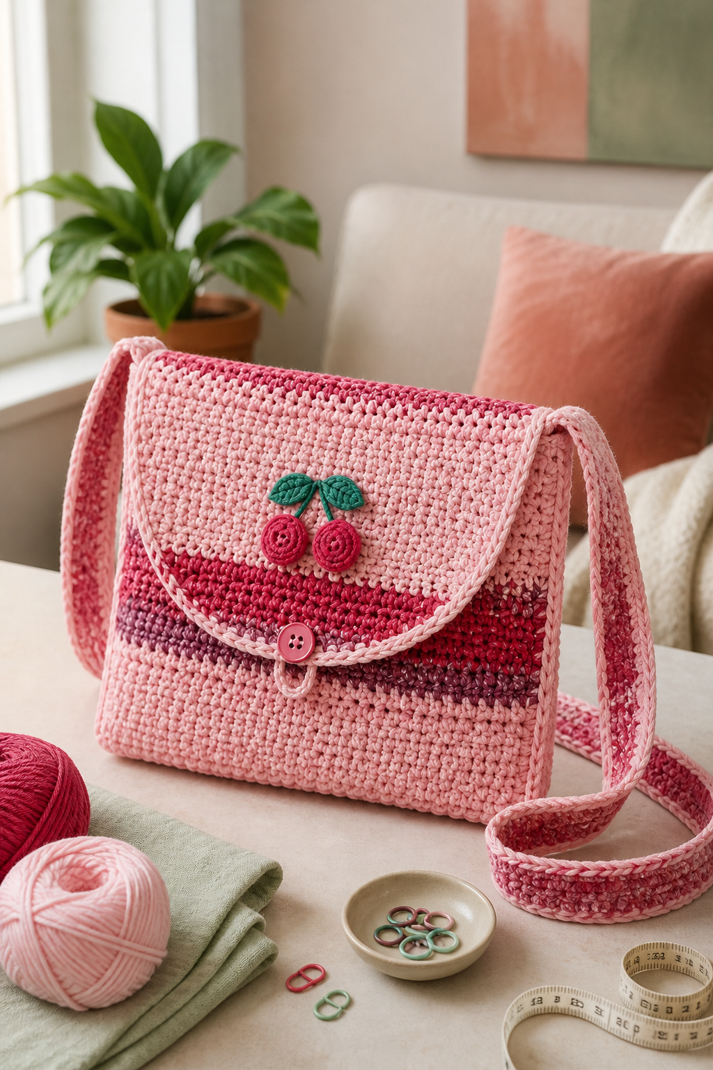 crochet oversized flap bag ideas: cherry-blossom textured messenger in an original editorial composition