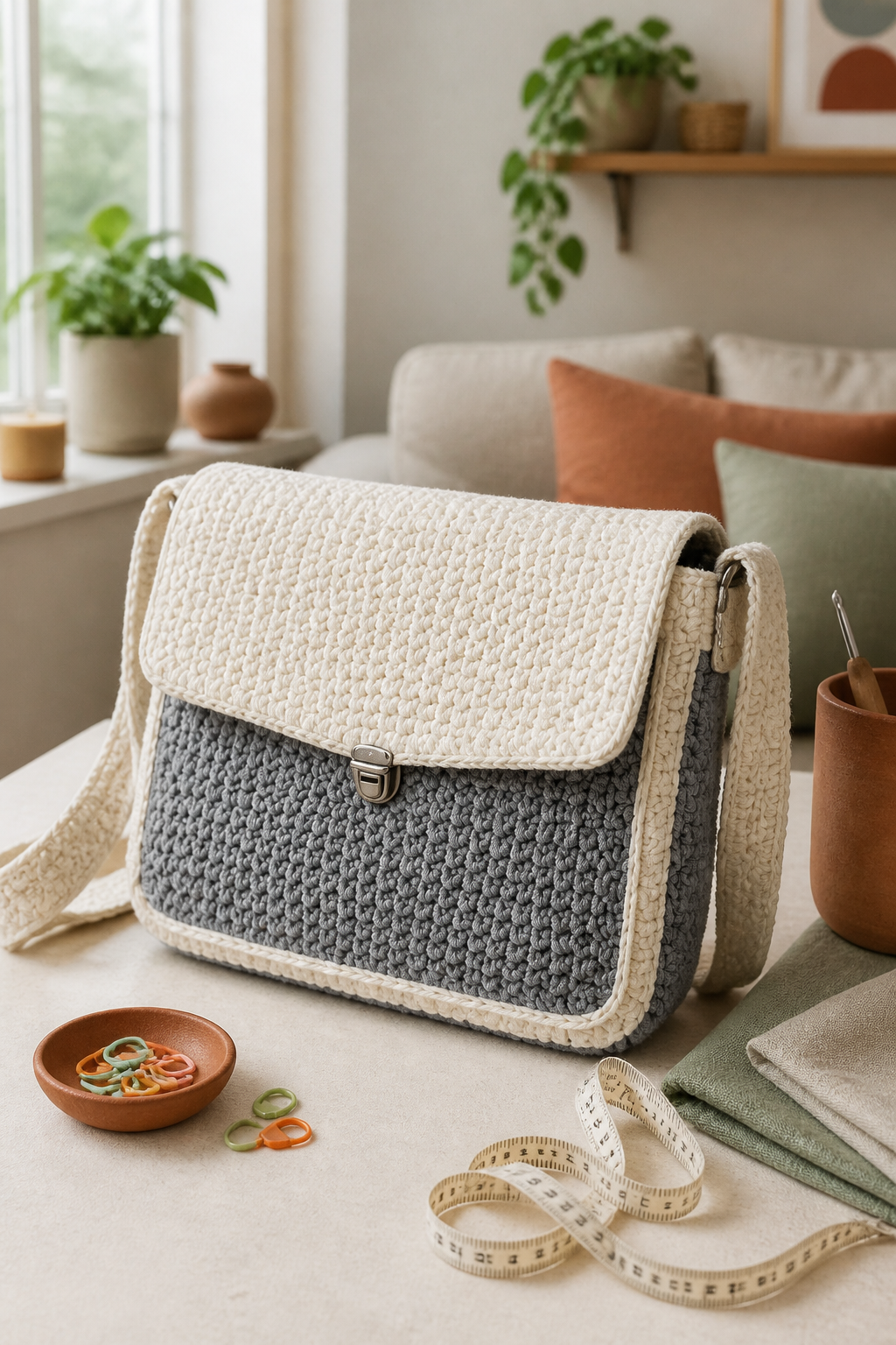 crochet oversized flap bag ideas: zippered adjustable-strap messenger in an original editorial composition
