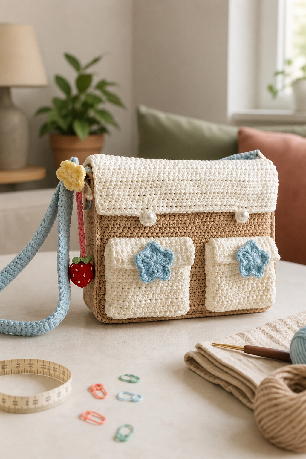 crochet oversized flap bag ideas: star-accent front-pocket bag in an original editorial composition