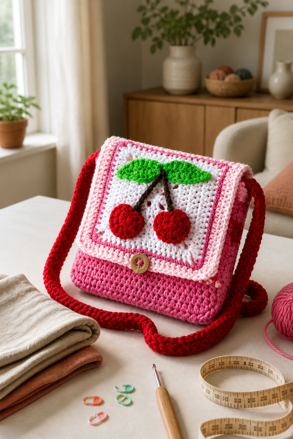 crochet oversized flap bag ideas: granny-square patchwork messenger in an original editorial composition