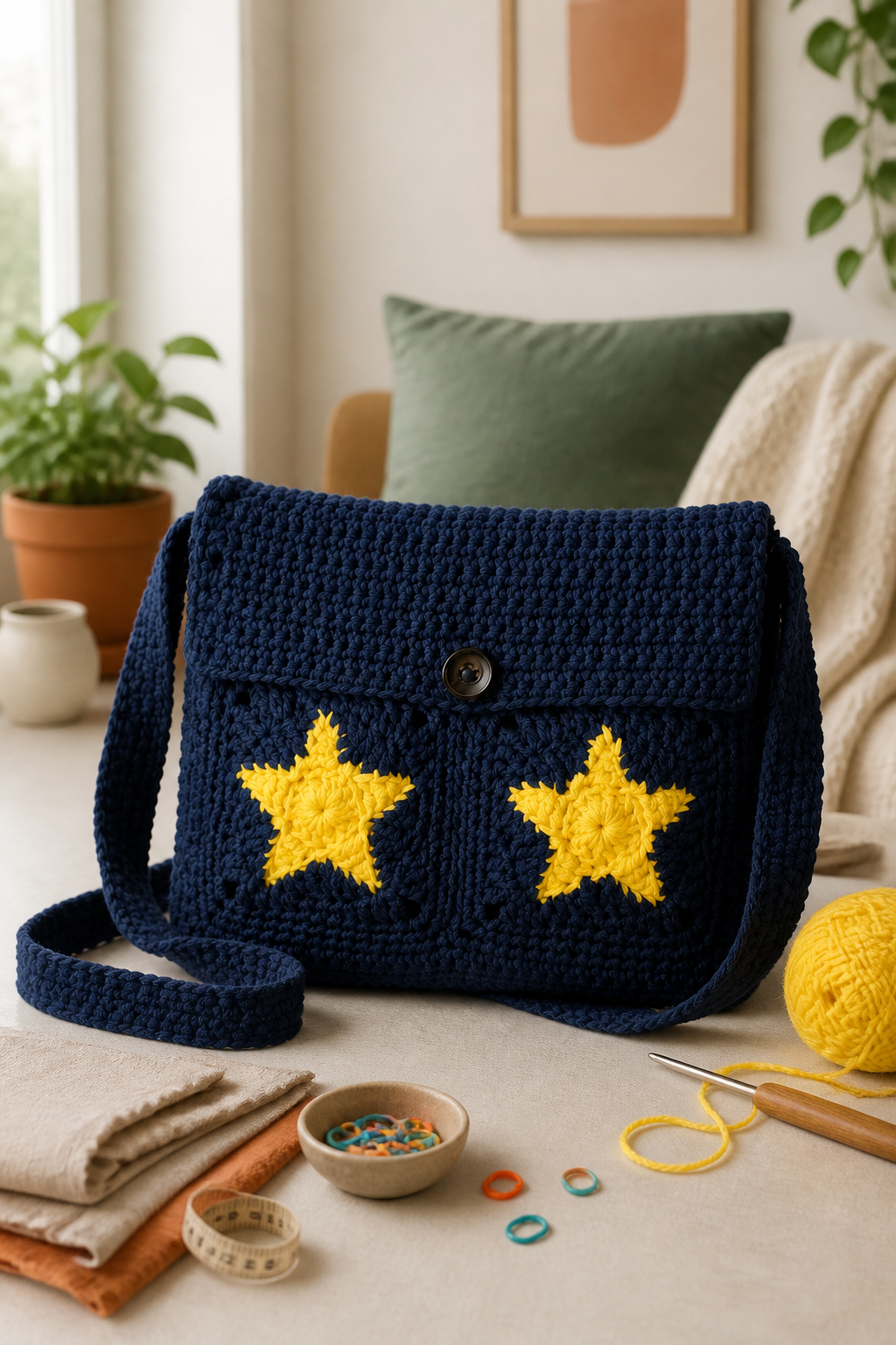 crochet oversized flap bag ideas: star-granny graphic bag in an original editorial composition